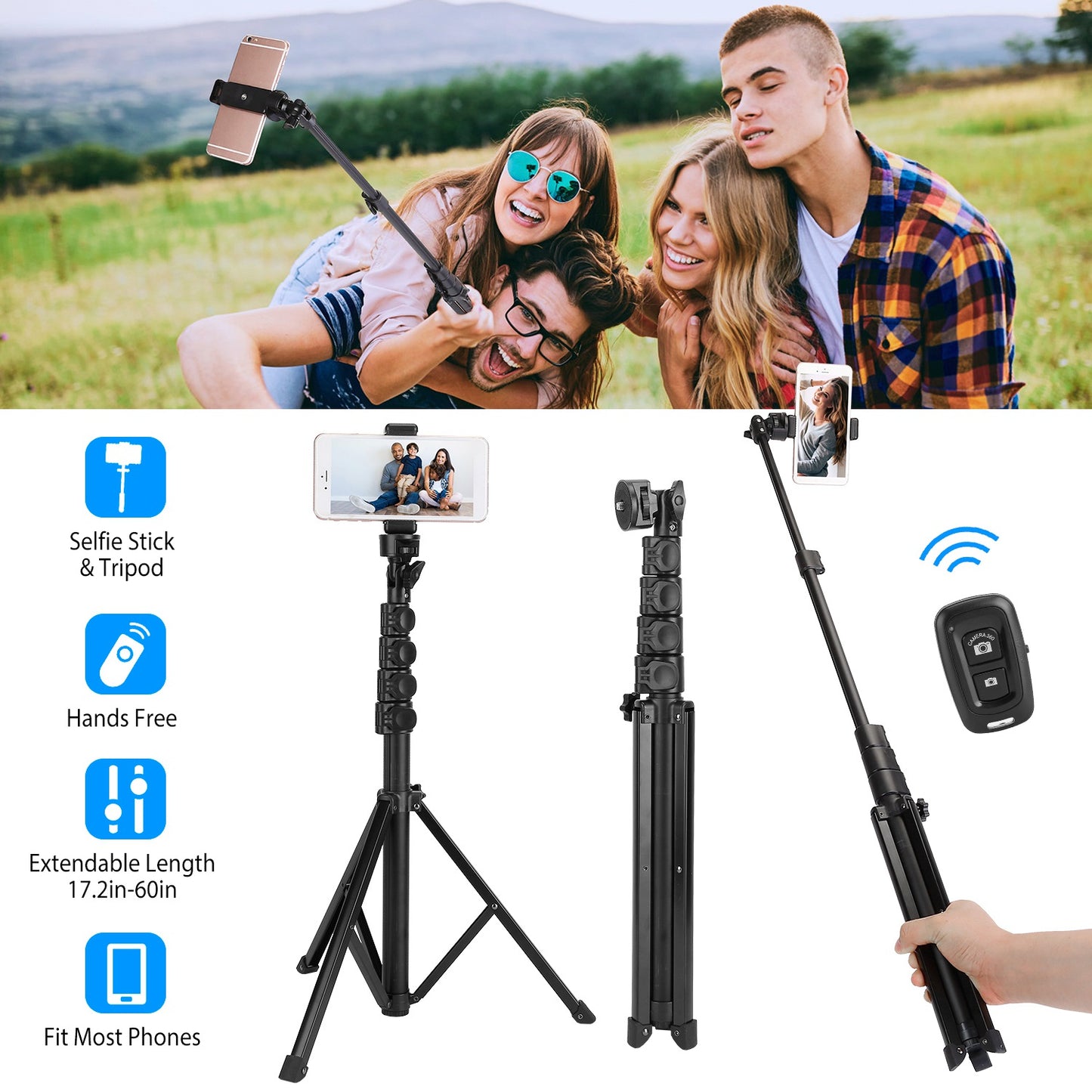 LJGelectro - Selfie Sticker Tripod Wireless Desktop Phone Tripod Stand Holder Telescopic Selfie Stick with Remote Shutter 60in Extendable Fit for 6.1-6.8” iPhone 1