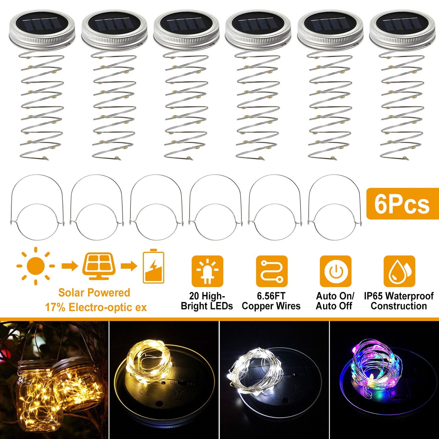 LJGelectro - 6 Pcs Solar Powered Mason Jar Lid Lights 20 LEDs Fairy String Lights Xmas Garden Decor