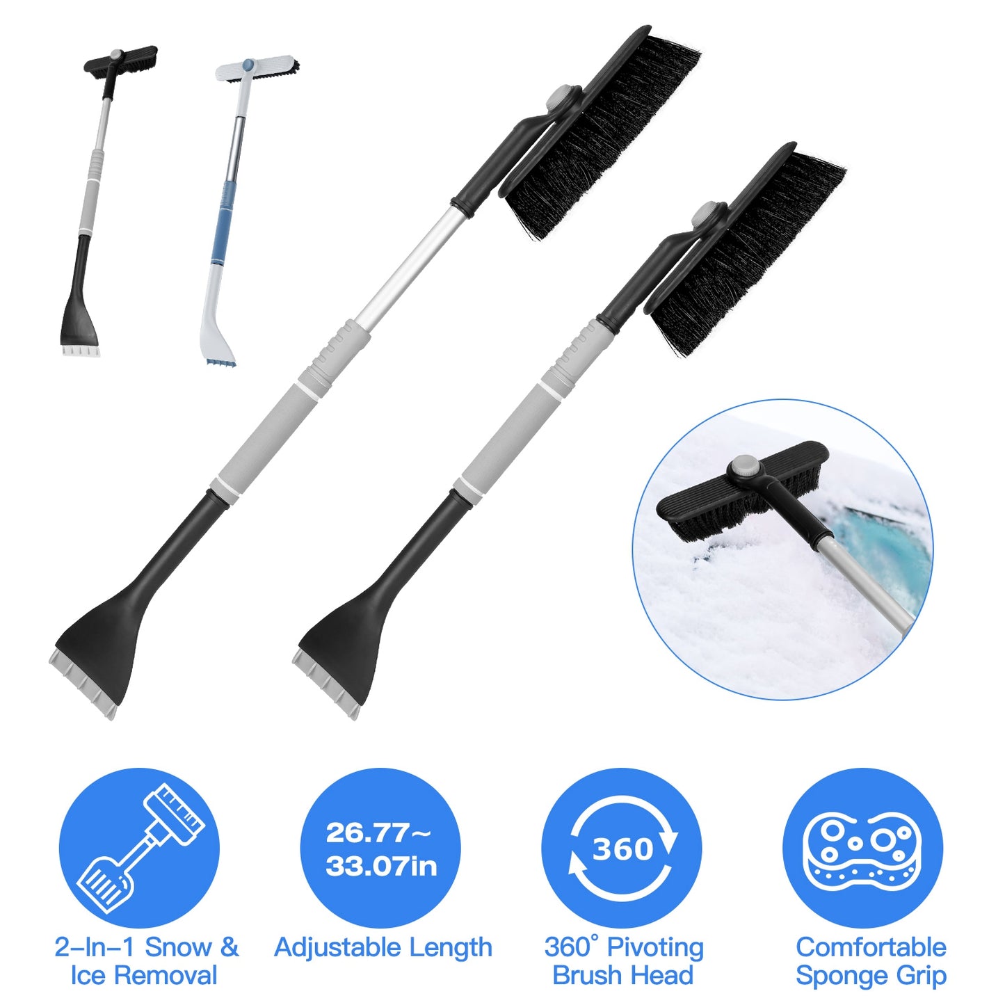 LJGelectro - 2 In 1 Ice Scraper Extendable Car Snow Brush Telescopic Snow Removal Tool Automobile Snow Shovel Frost Removal with 360° Pivoting Brush Head Sponge Gr