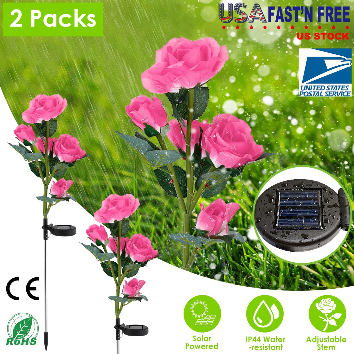 LJGelectro - 2Pcs Solar Powered Lights Outdoor Rose Flower LED Decorative Lamp Water Resistant Pathway Stake Lights For Garden Patio Yard Walkway