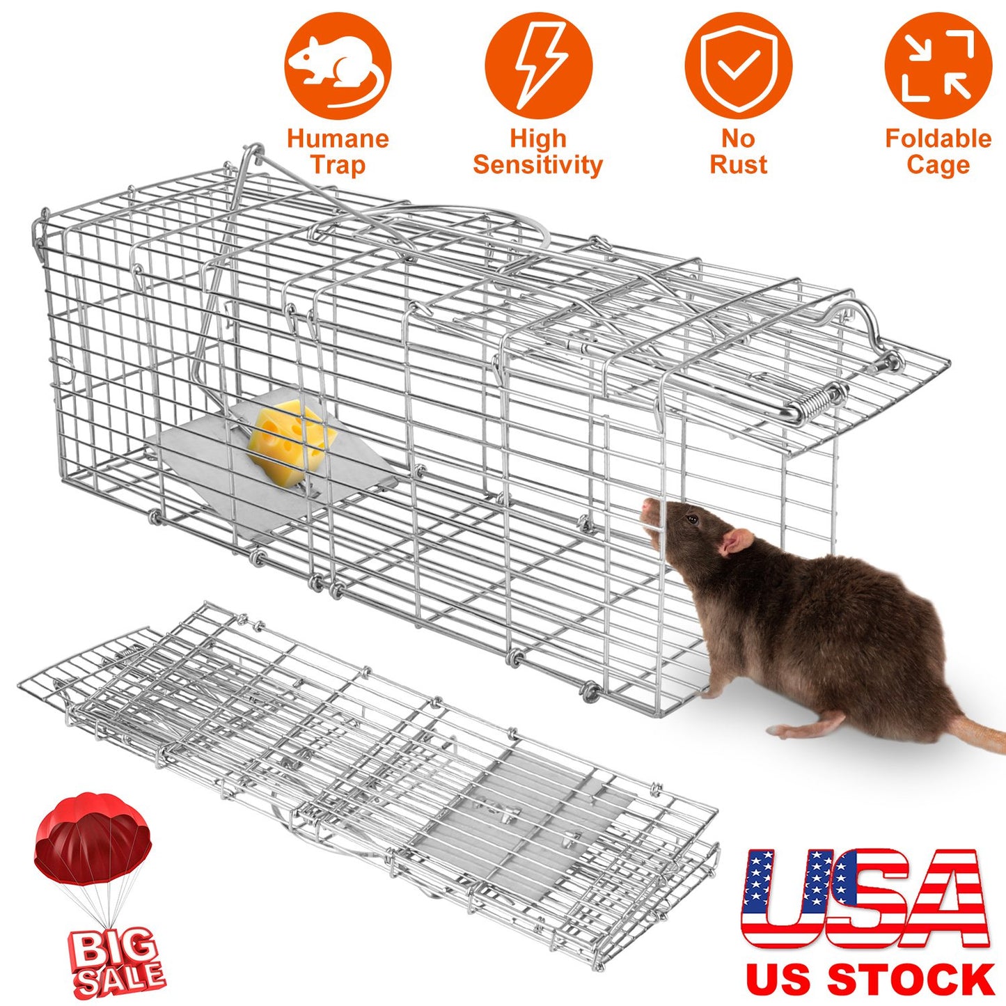 LJGelectro - Foldable Rat Trap Cage Humane Live Rodent Trap Cage Galvanized Iron Mice Mouse Control Bait Catch with Detachable L Shaped Rod