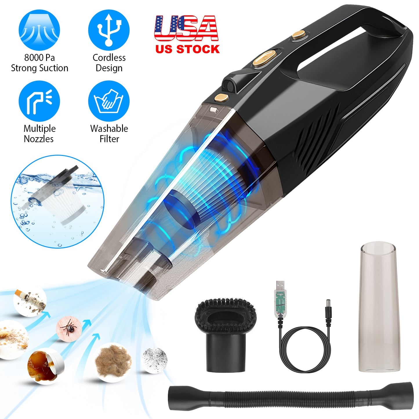 LJGelectro - Handheld Cordless Car Vacuum Cleaner 120W 8000PA DC 12V Car Auto Home Duster Wet Dry Powerful Suction with Accessory Kit