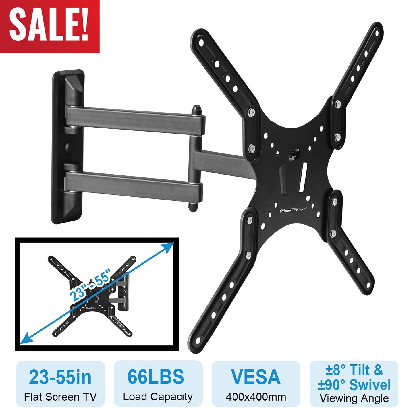 LJGelectro - Fixed TV Wall Mount Bracket For 23-55in LED/LCD/PLASMA Flat TV VESA 400x400mm ±8° Tilt ±90° Swivel