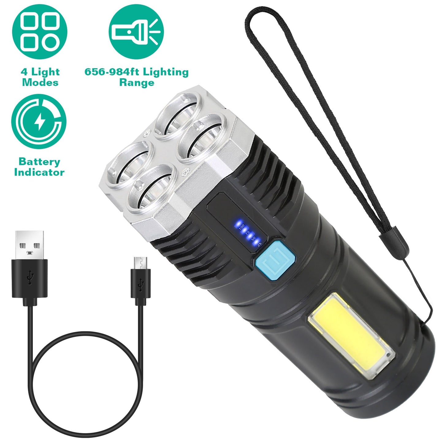 LJGelectro - Rechargeable Flashlight LED Floodlight Torch w/Strap Super Bright Flashlight w/4 Light Modes for Emergency Camping