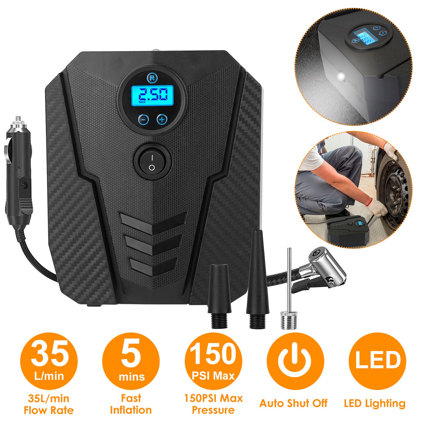 LJGelectro - Portable Car Tire Inflator DC 12V Digital Car Air Pump Compressor Electric Air Pump w/LED Light 150PSI