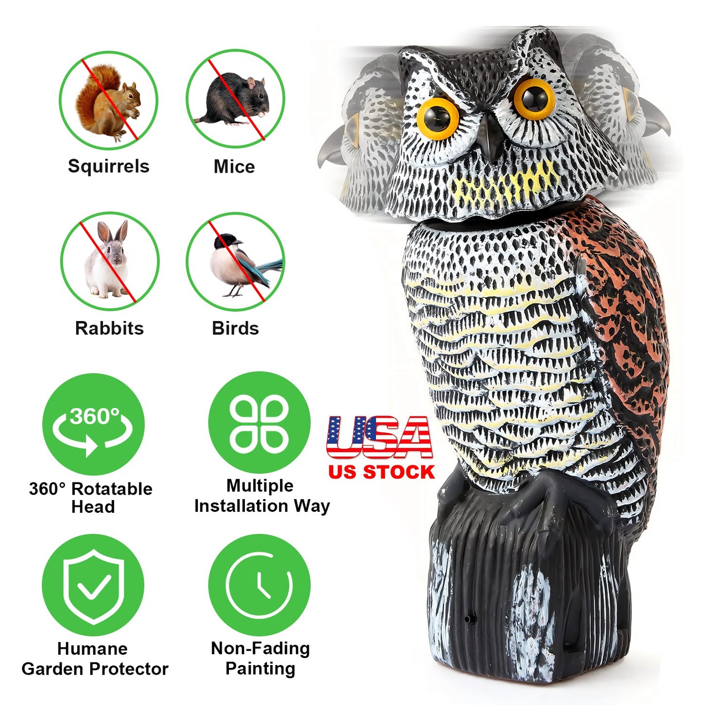 LJGelectro - Lifelike Owl Decoy with 360 Degree Rotatable Head Scare Bird Squirrel Away Pest Repellent Bird Deterrent Outdoor Garden Yard Protector