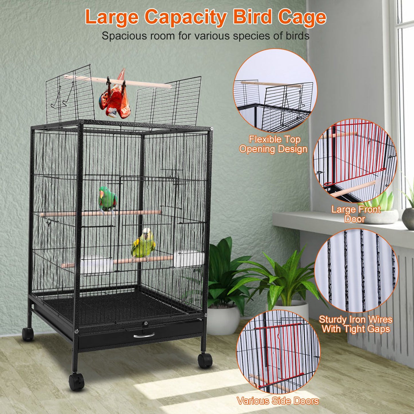 LJGelectro - 30.31In Height Bird Cage With Rolling Stand Bottom Tray Wrought Iron Wide Top Opening Large Bird Cage For Parrot Conure Lovebird Cockatiel Parakeets C