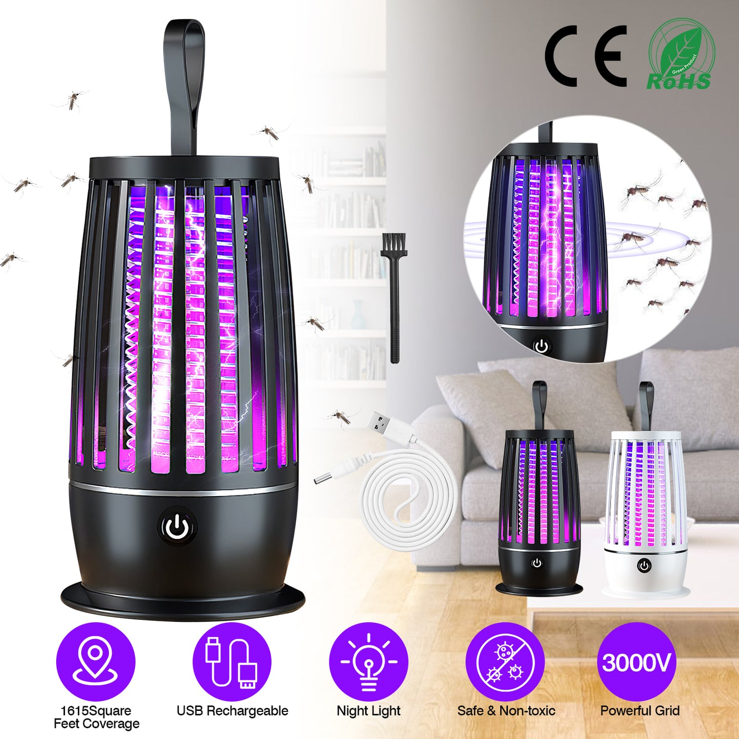 LJGelectro - Rechargeable Mosquito Killer Lamp Bug Zapper with Night Light Strap Mosquito Catcher with Max 1615Square Feet Range UV Light for Indoor Outdoor