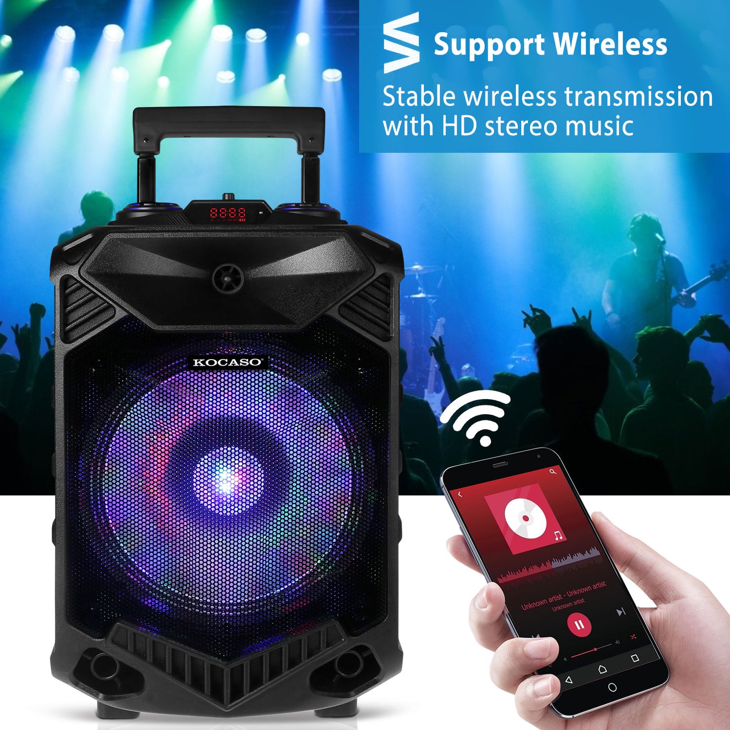 LJGelectro - Wireless Party Speaker 12in Woofer Bass Party Speaker w/ Cordless Microphone FM Radio USB Reading MMC Car Slot Aux-In Flashing LED Colorful Lights