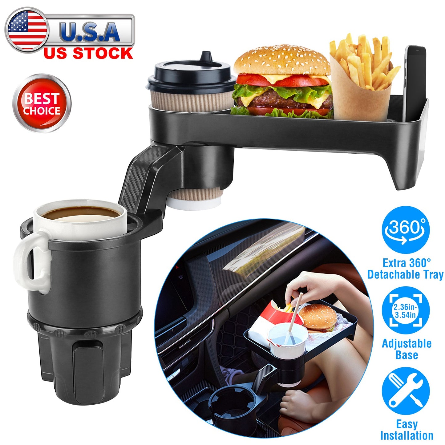 LJGelectro - Car Cup Holder Tray 360° Rotating Car Bottle Holder Expander Adapter Multifunctional Water Cup Mount Stand with Detachable Tray