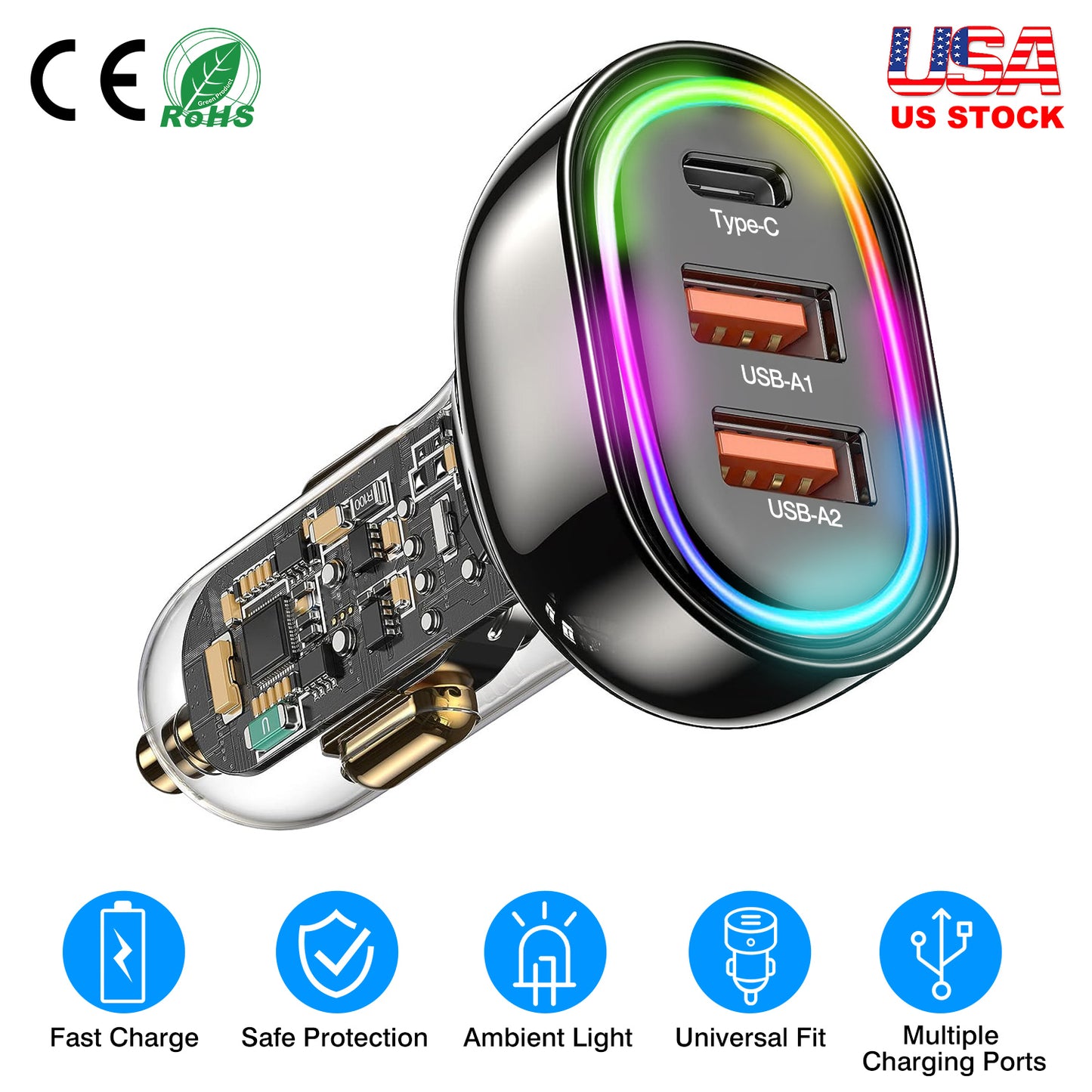 LJGelectro - 90W 3 Ports Fast Charge Car Charger QC3.0 PD3.0 USB Type-C LT Car Cigarette Lighter with Colorful Light Fit for IOS Phone iPad Samsung Goggle Pixel