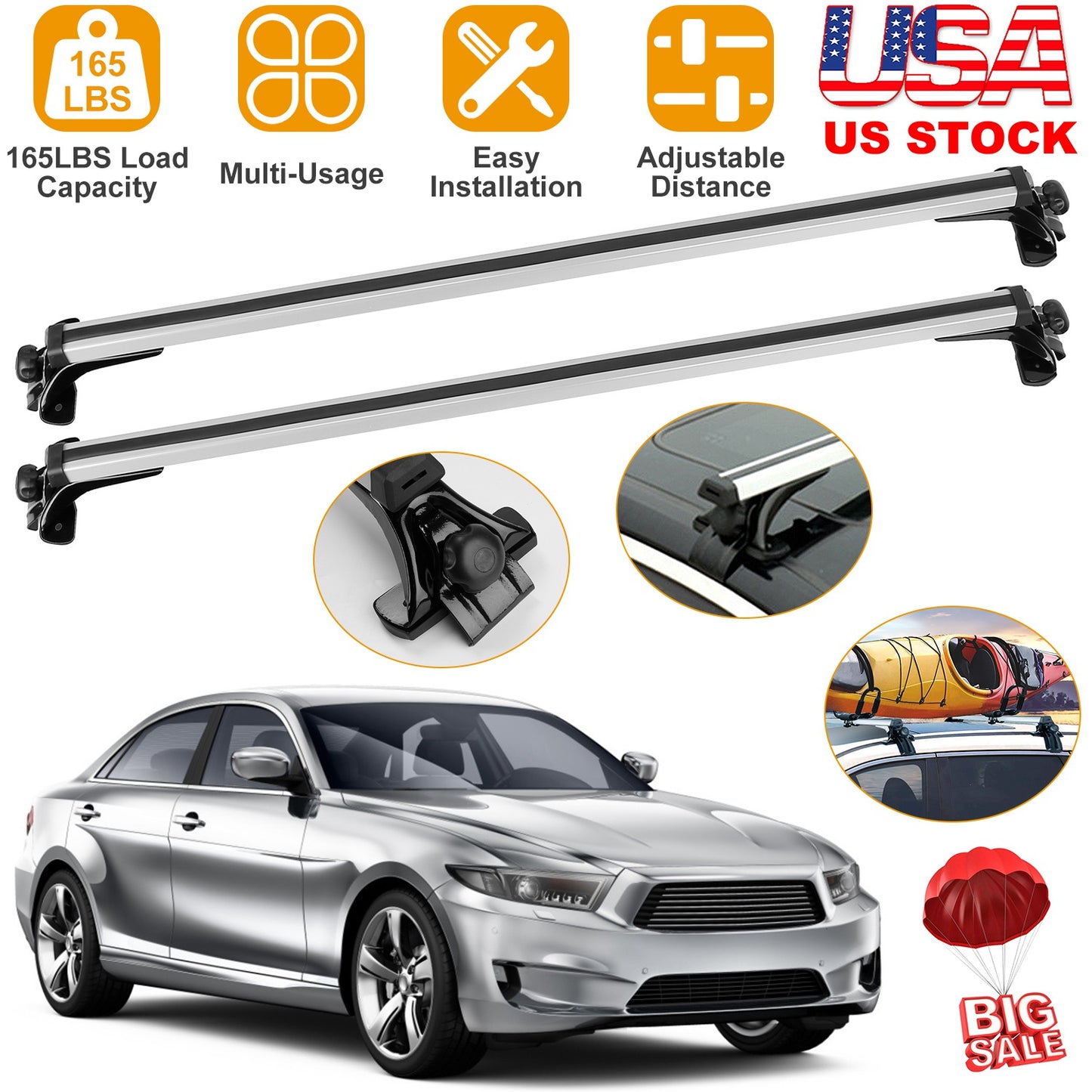 LJGelectro - 47.24in Universal Top Roof Rack Cross Bar Cargo Carrier Aluminum Crossbar Rack w/ 165LBS Capacity Fit for Most Vehicle Wagon Car Without Roof Side Rai