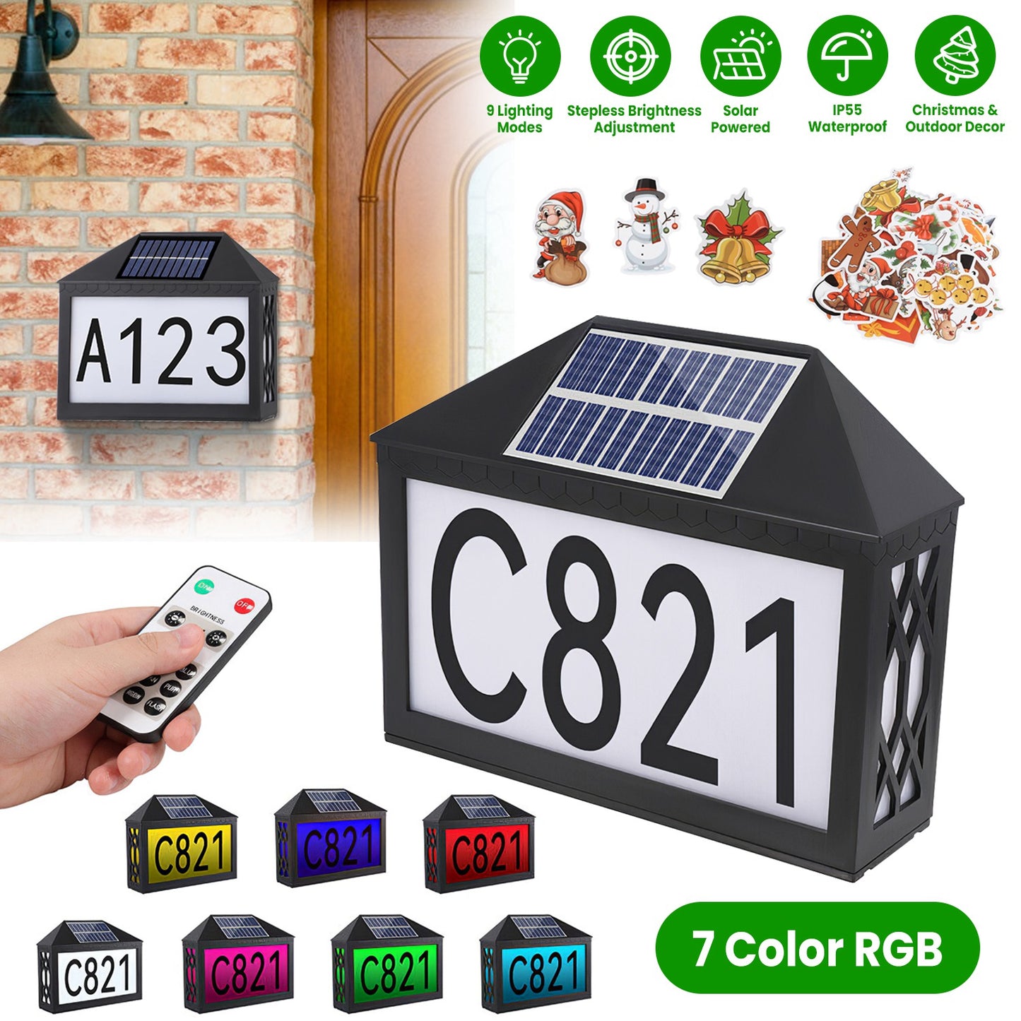 LJGelectro - Christmas Solar Address Sign IP55 Waterproof Colorful House Numbers Plaque Wall Mounted LED Address Sign with 9 Lighting Modes Remote Control for Yard