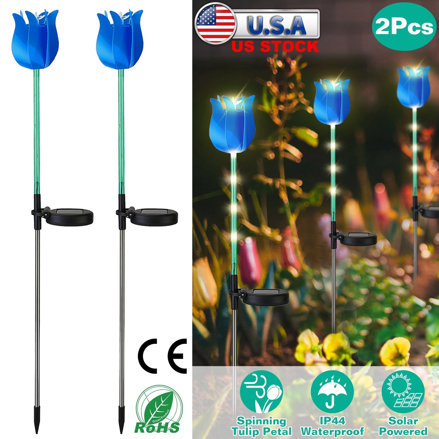 LJGelectro - 2Pcs Solar Powered Tulip Garden Light Wind Mill Waterproof Landscape Stake Lamp Decorative Lawn Lights For Yard Driveway Walkway Patio