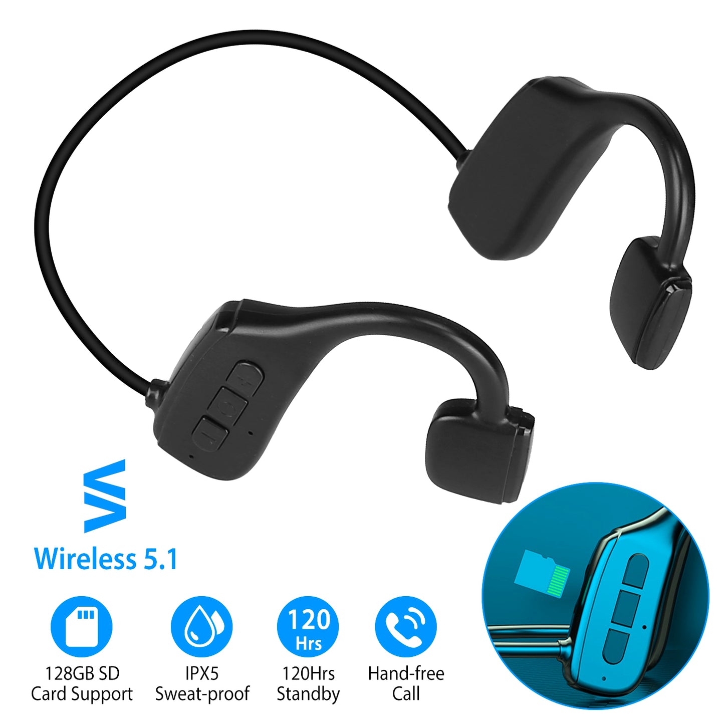 LJGelectro - Wireless V5.1 Bone Conduction Headphone Open Ear Sports Wireless Headset with Mic IPX5 Sweatproof