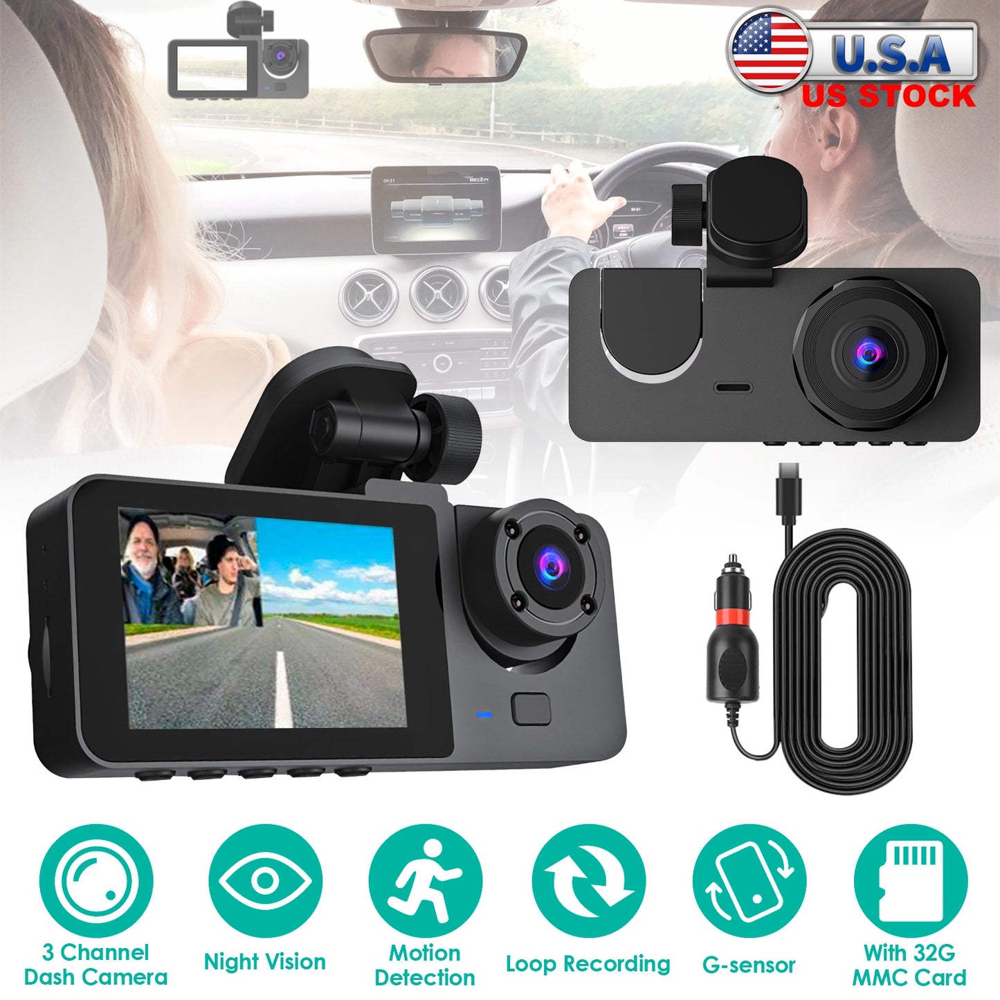 LJGelectro - 3 Channel Dash Cam Front Inside Rear Vehicle Driving Recorder Car DVR with 32G MMC Card G Sensor Motion Detection Parking Monitor Night Vision Loop Re