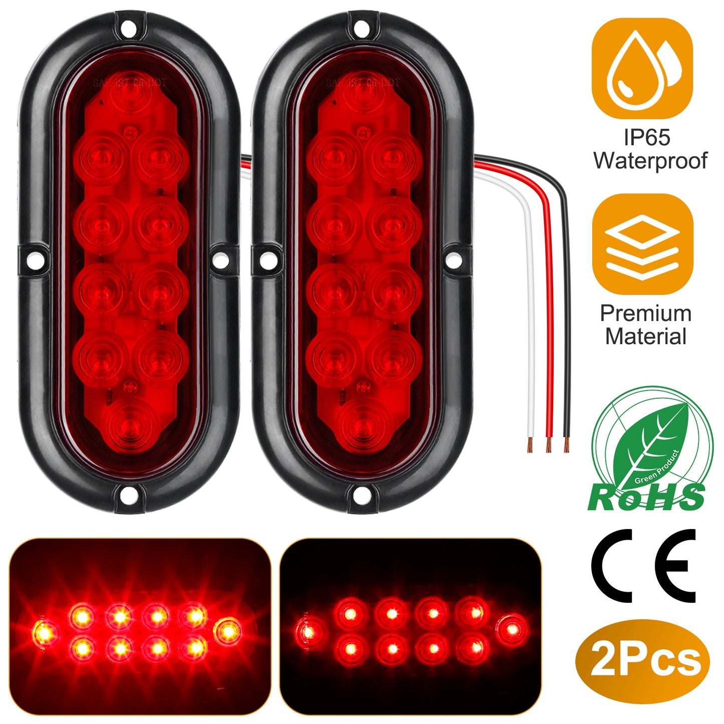 LJGelectro - 2Pcs Oval LED Brake Light 10LEDs Lamp Stop Turn Tail Light IP65 Waterproof Oval Red Trailer Tail Light for Trunk Jeep RV etc.