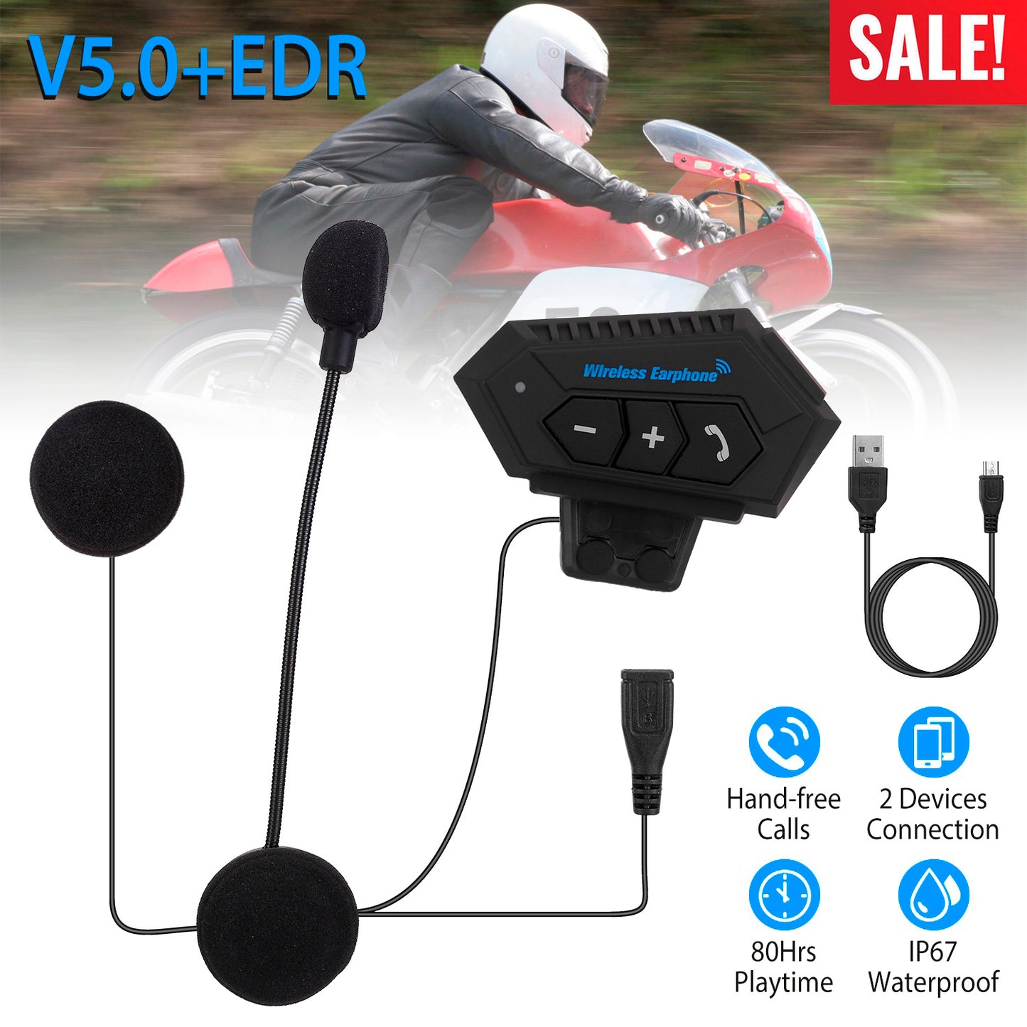 LJGelectro - Wireless Headset Speaker Motorcycle Helmet Motorbike Headphone IP67 Waterproof