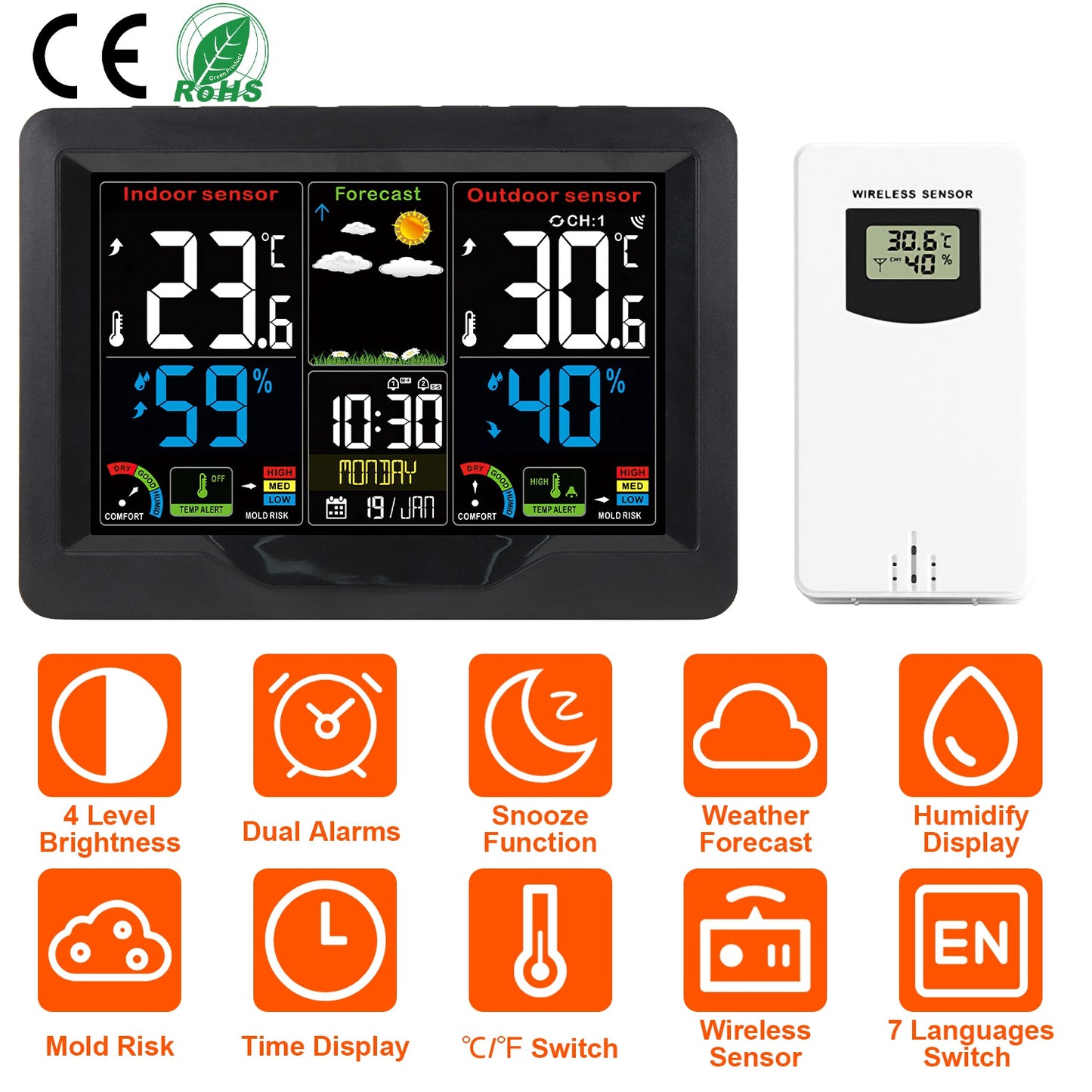 LJGelectro - Electric Weather Station Snooze Alarm Clock Wireless Sensor Indoor Outdoor Thermometer Humidity Weather Forecast Temperature Frost Alert with Backligh