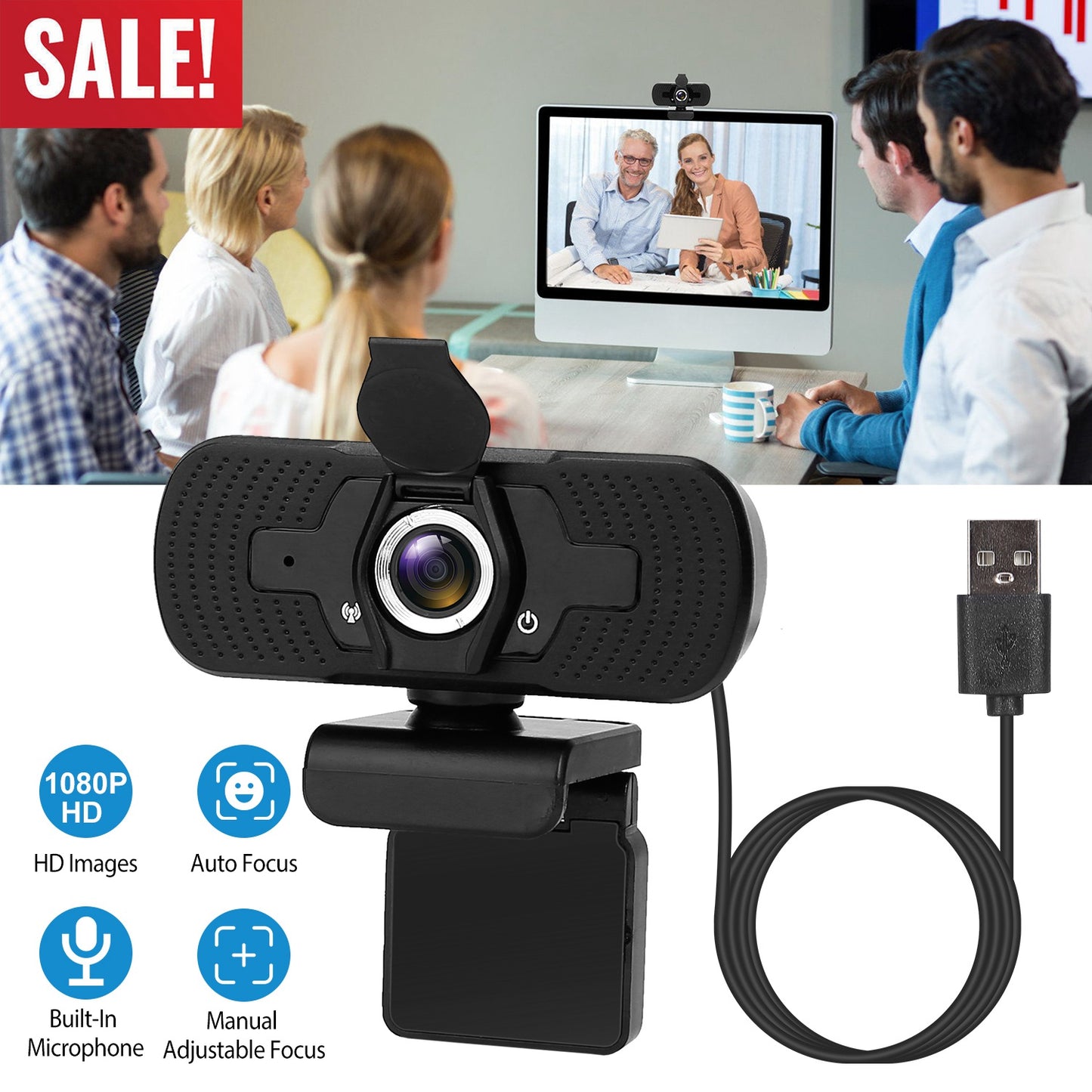 LJGelectro - FHD 1080P USB Webcam w/ Microphone Privacy Cover Rotatable Clip Streaming USB Camera Plug And Play For PC Video Conferencing Gaming Facetime Broadcast