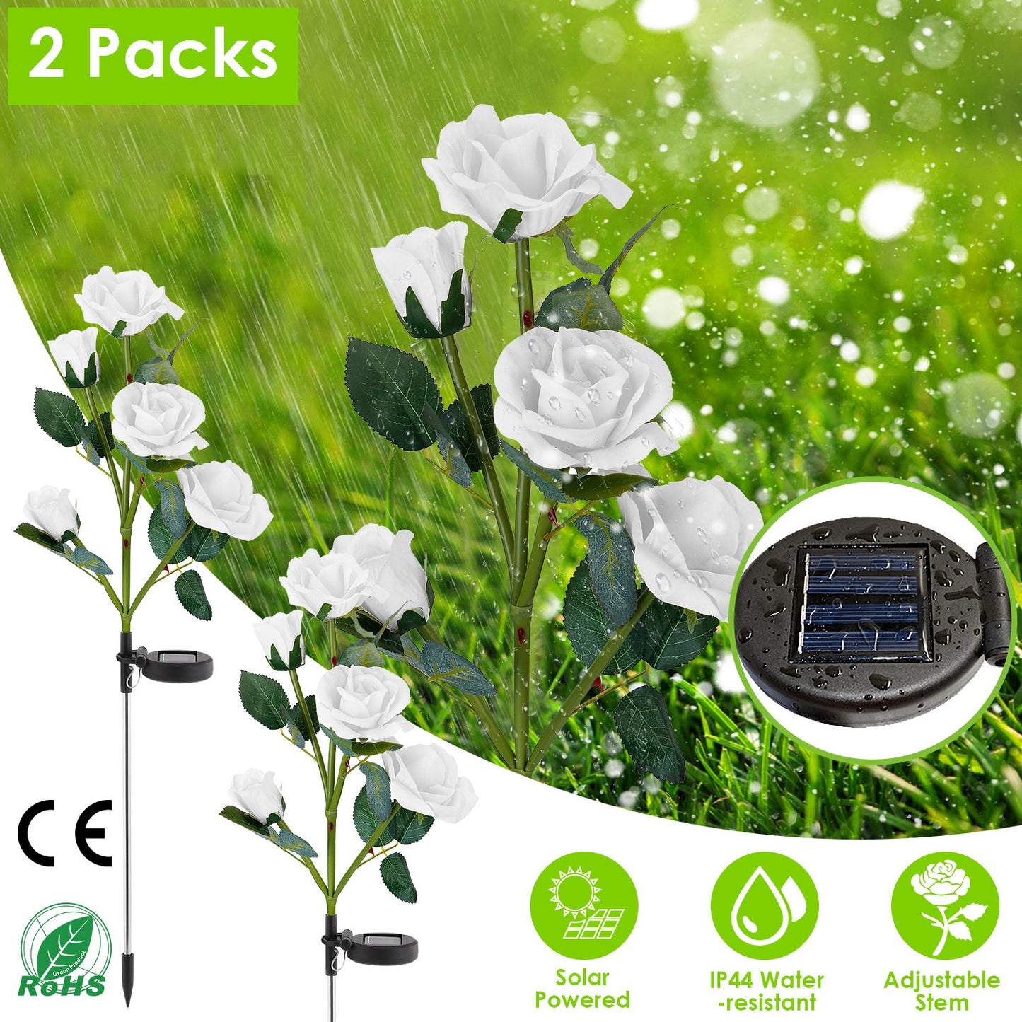 LJGelectro - 2Pcs Solar Powered Lights Outdoor Rose Flower LED Decorative Lamp Water Resistant Pathway Stake Lights For Garden Patio Yard Walkway