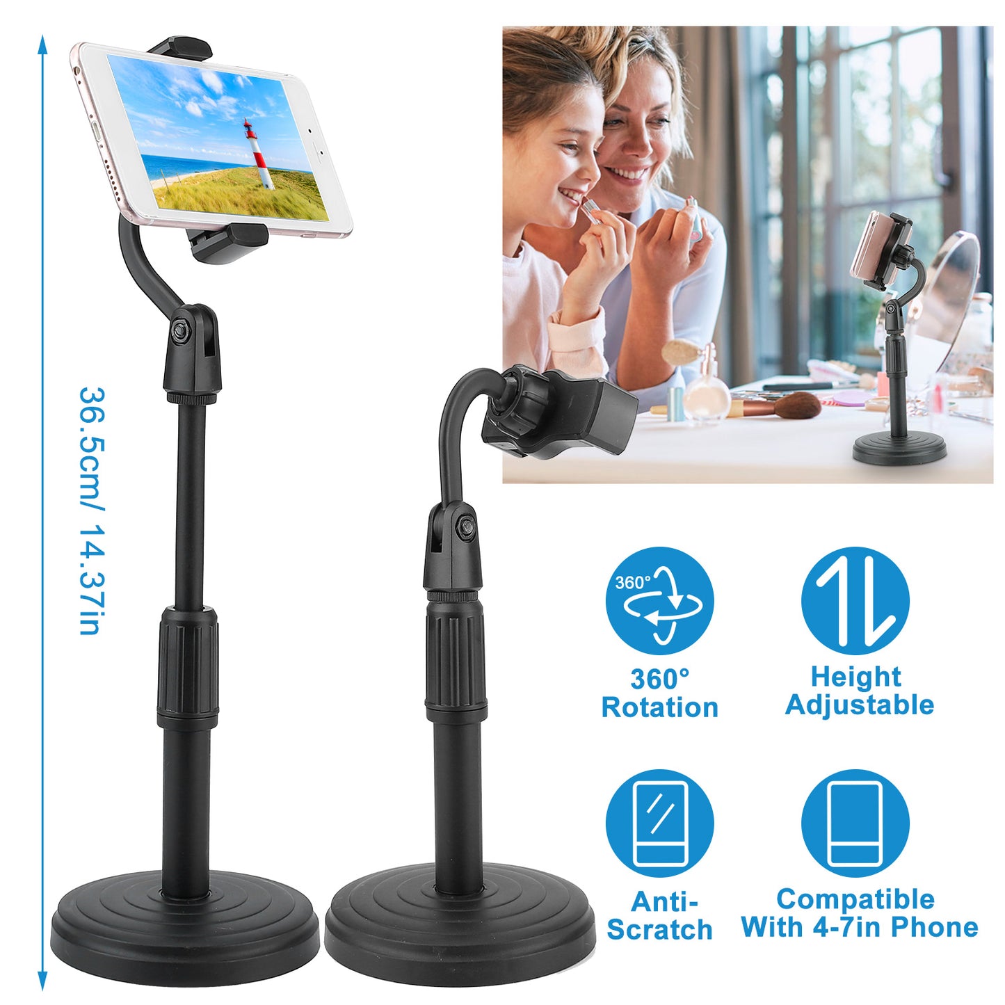 LJGelectro - Desktop Phone Stand Angle Height Adjustable Phone Clamp Mount Rotatable Cell Phone Holder For 4-7in Device Selfie Vlog Recording Streaming