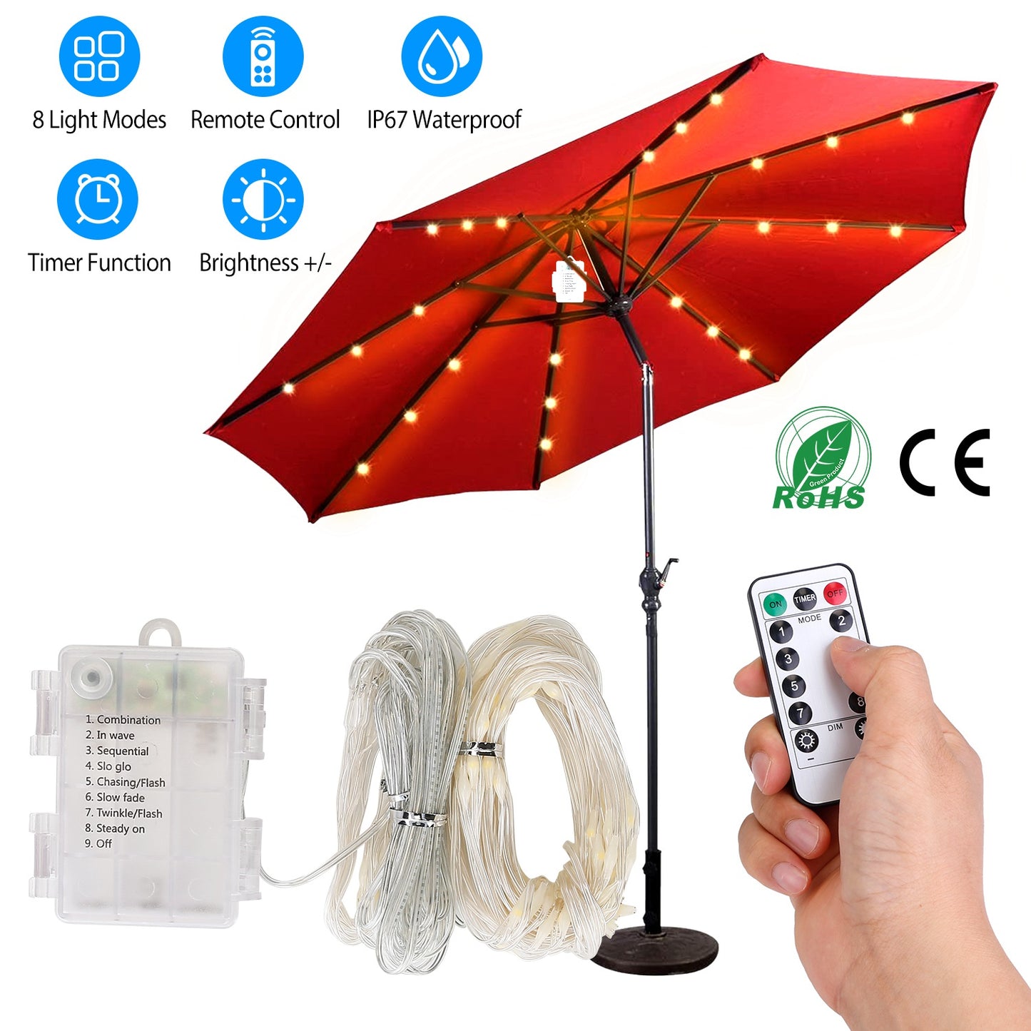 LJGelectro - Patio Umbrella Lights 8 Lighting Mode Waterproof Parasol Timer Lamps W/ Remote Controller 104 LED 8 Bundles Warm White for Patio Garden