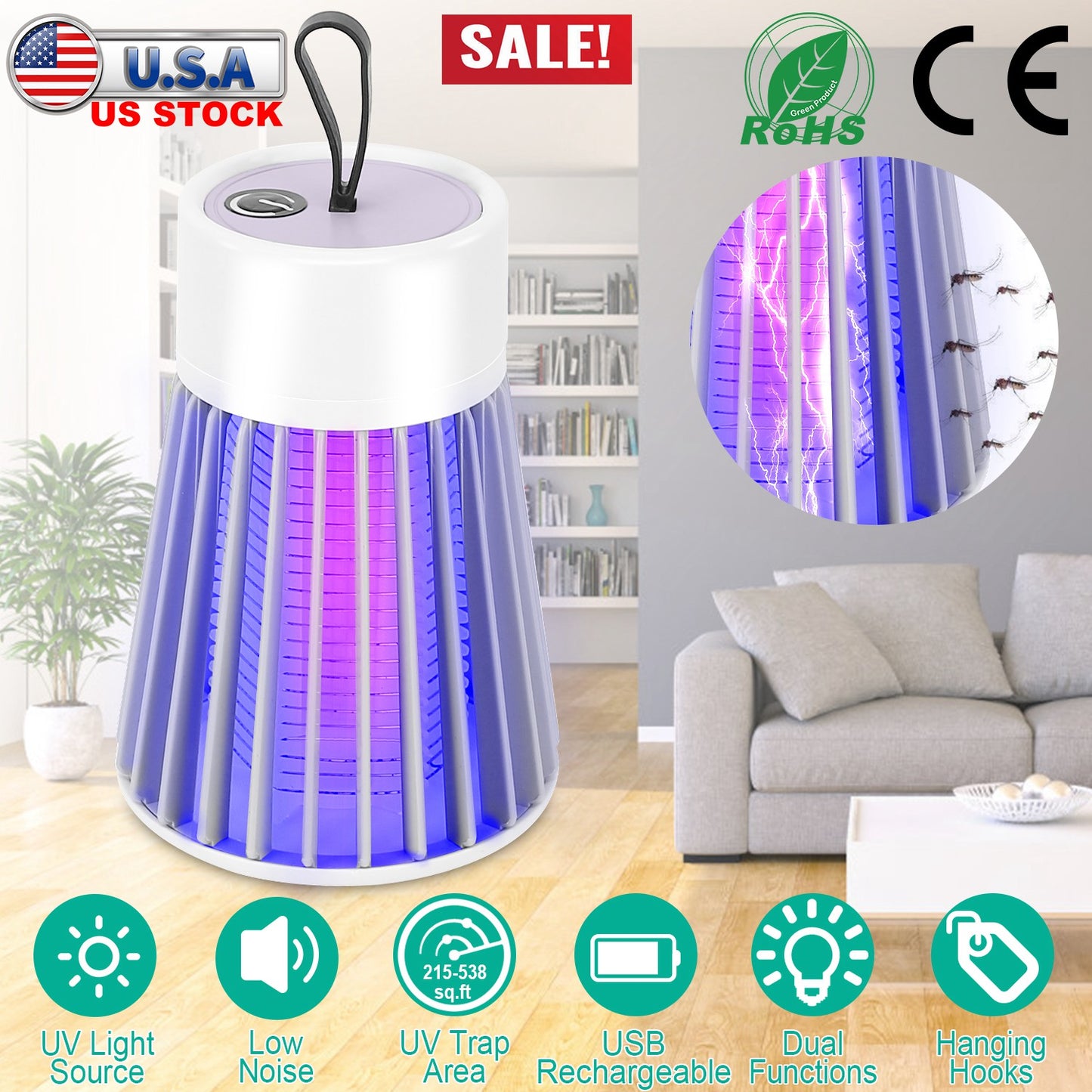 LJGelectro - Electric Bug Zapper Mosquito Insect Killer Lamp Portable LED Light Fly Trap Catcher w/ LED Light