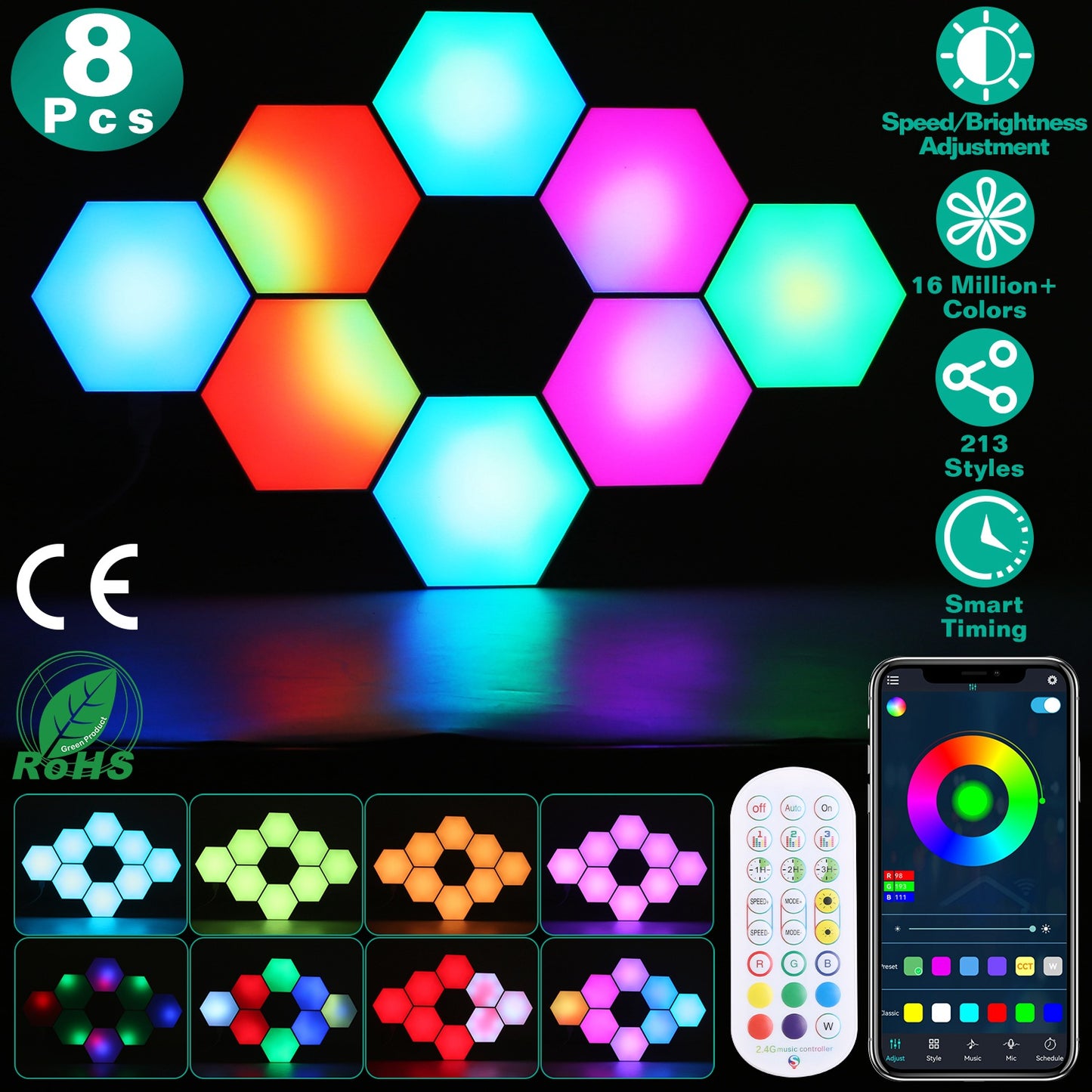 LJGelectro - 8Pcs Hexagon Light Panels RGBW Colorful Splicing Wall Lamps App Remote Line Control Timing Decorative Gaming Light Music Sync Lamps