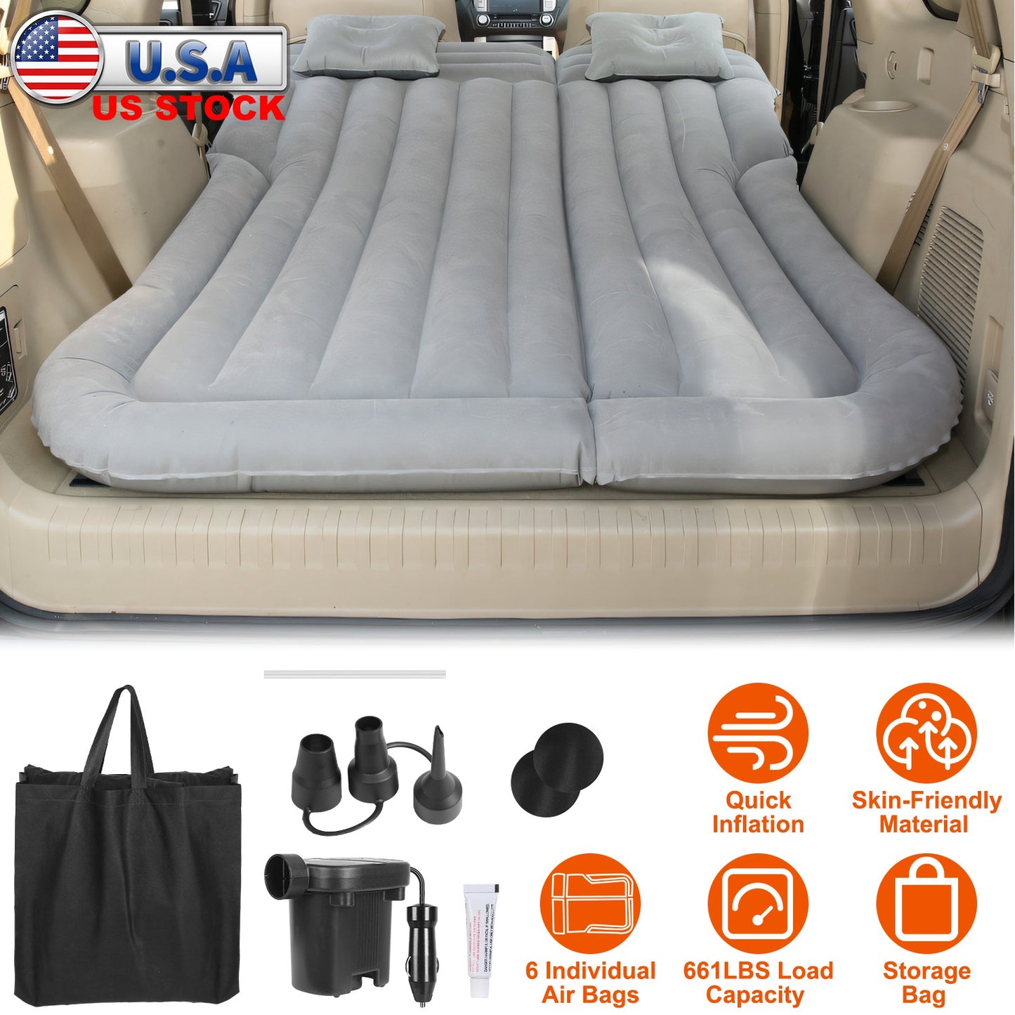 LJGelectro - Inflatable SUV Air Mattress Thickened Camping Bed Cushion with Pillow Air Pump Storage Bag PVC Flocked Car Bed for Home Car Travel Camping