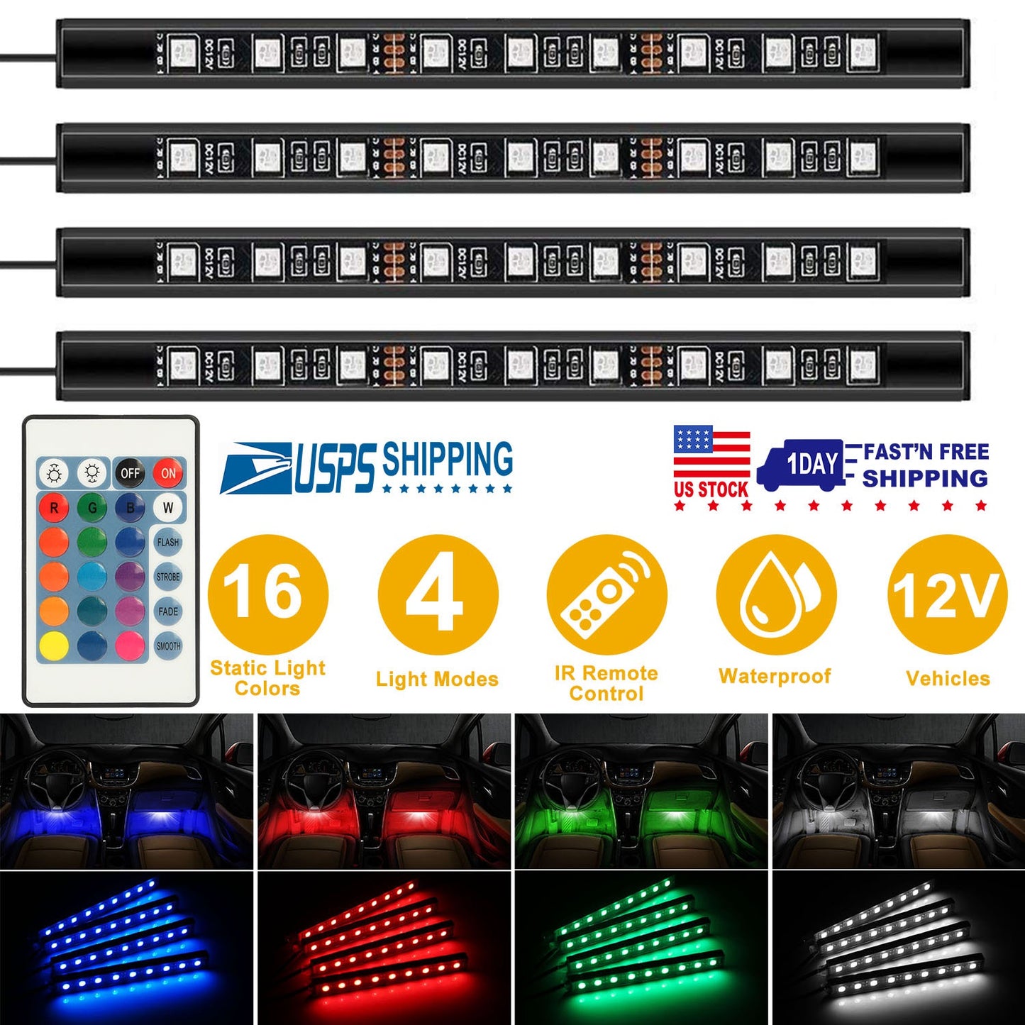 LJGelectro - 4PCS 36LEDs 12V Car Atmosphere Light Strip IP65 Colorful RGB LED Neon Lights IR Remote