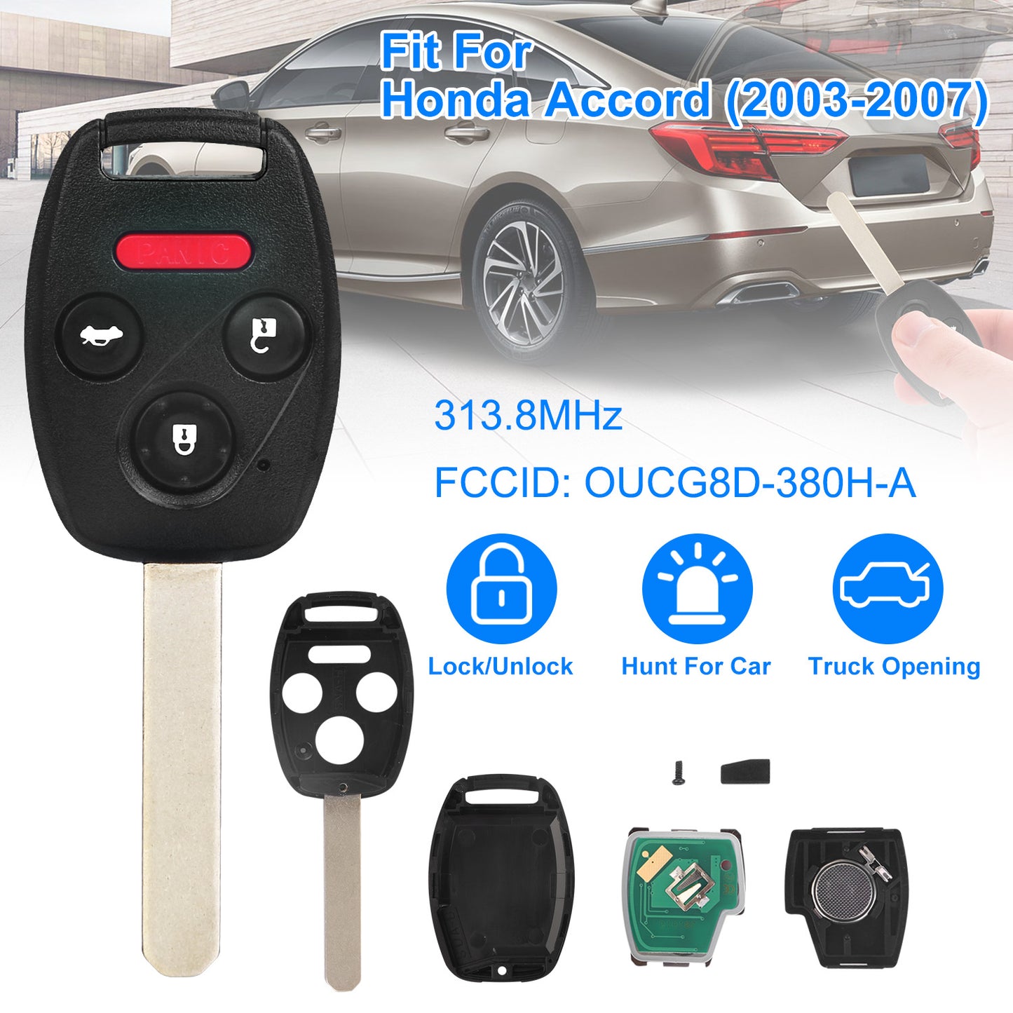 LJGelectro - Fit For Honda Accord 2003-2007 Remote Keyless Entry Shell Button Car Key Fob Uncut Key Cover Case OUCG8D-380H-A FCCID 313.8MHz Frequency