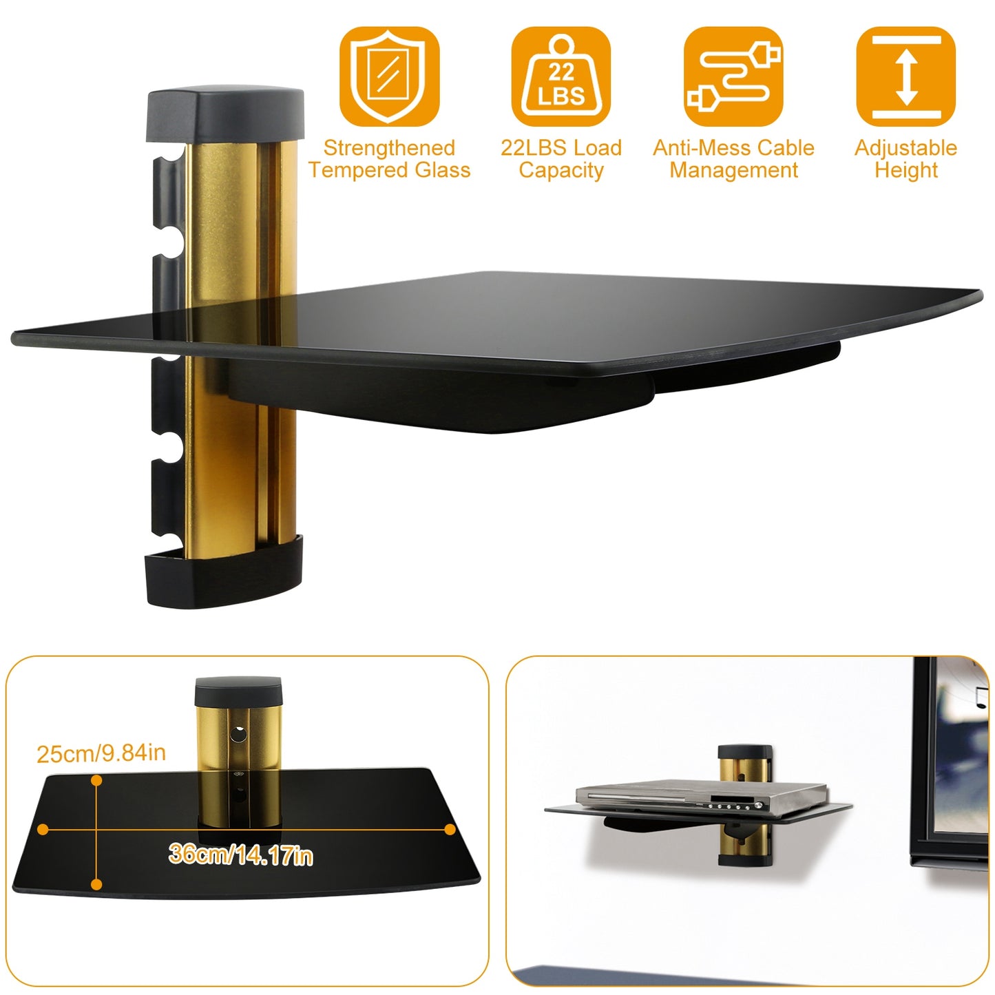 LJGelectro - Floating Wall Mounted Strengthened Tempered Glass Shelf for DVD Cable Boxes