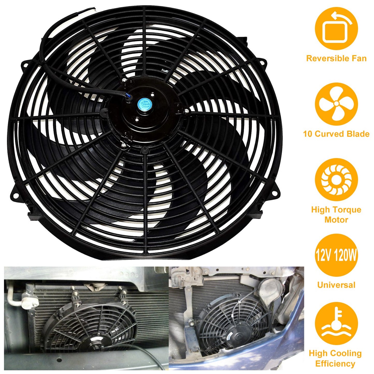 LJGelectro - 16 Inch Electric Radiator Cooling Fan 12V 120W 10 Blades Car w/ Mounting Kit