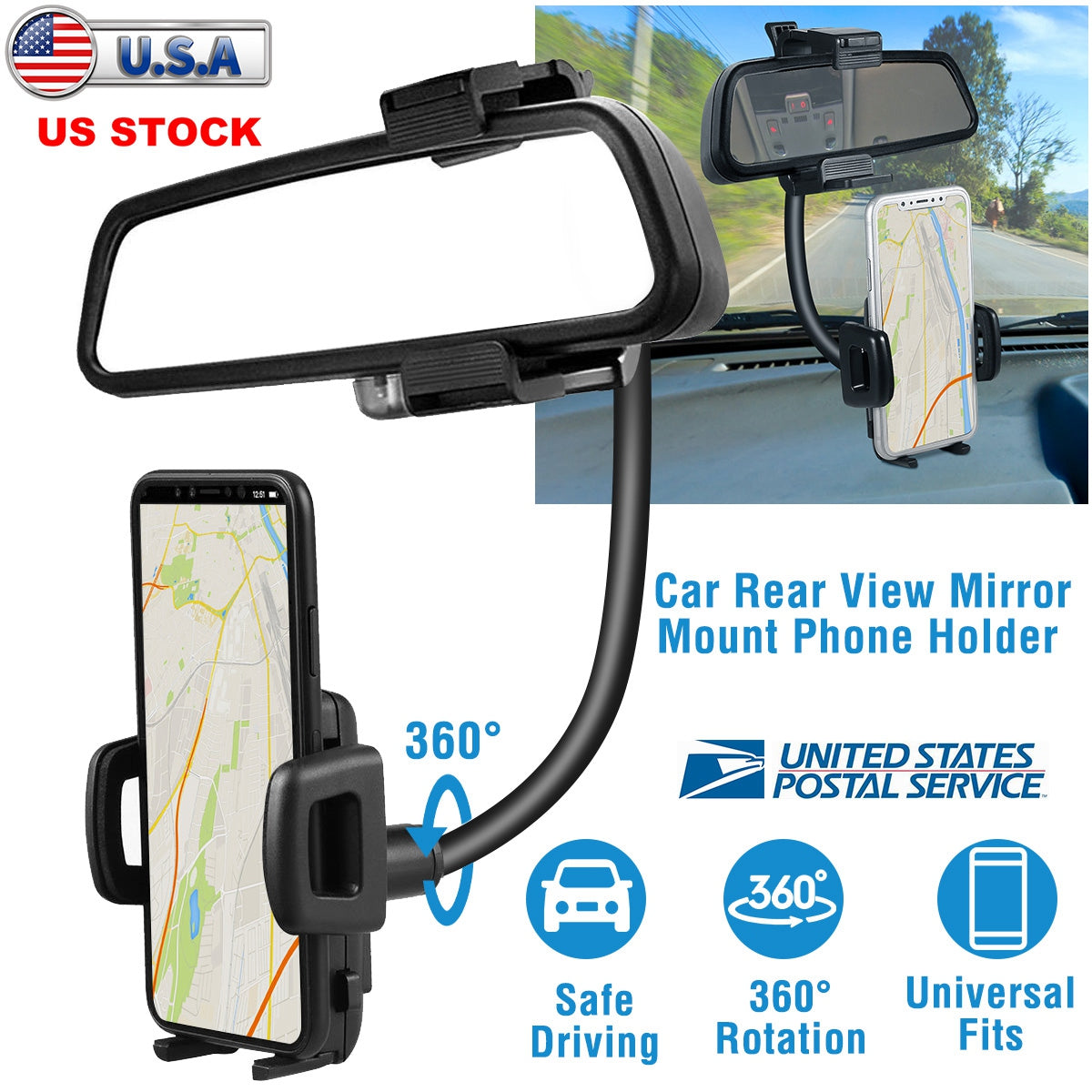 LJGelectro - Rear View Mirror Car Mount Holder Universal 360° Rotation Phone Stand Cradle For iPhone Samsung GPS