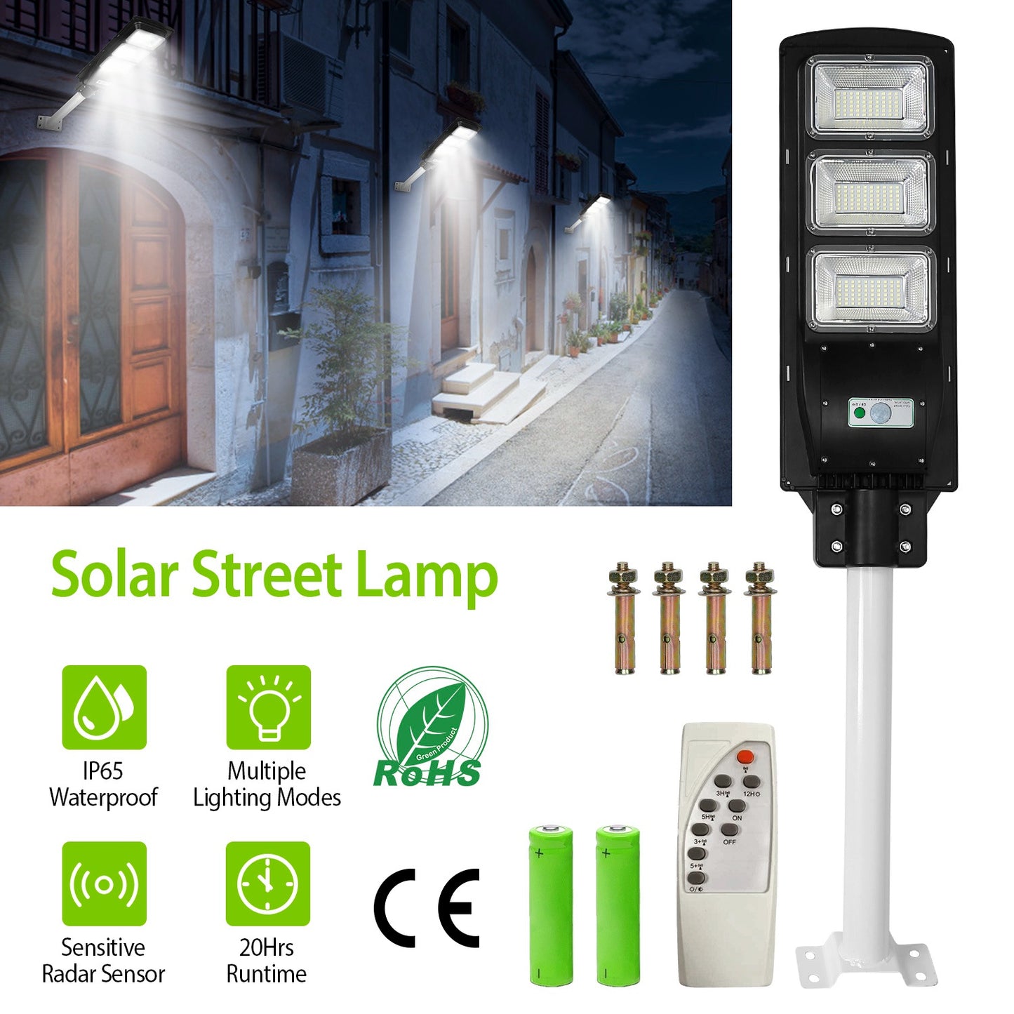 LJGelectro - Solar Street Path Light Outdoor 180LEDs Radar Sensor Remote Control Wireless Lamps IP65 Waterproof Lighting For Garage Front Door Garden Pathway