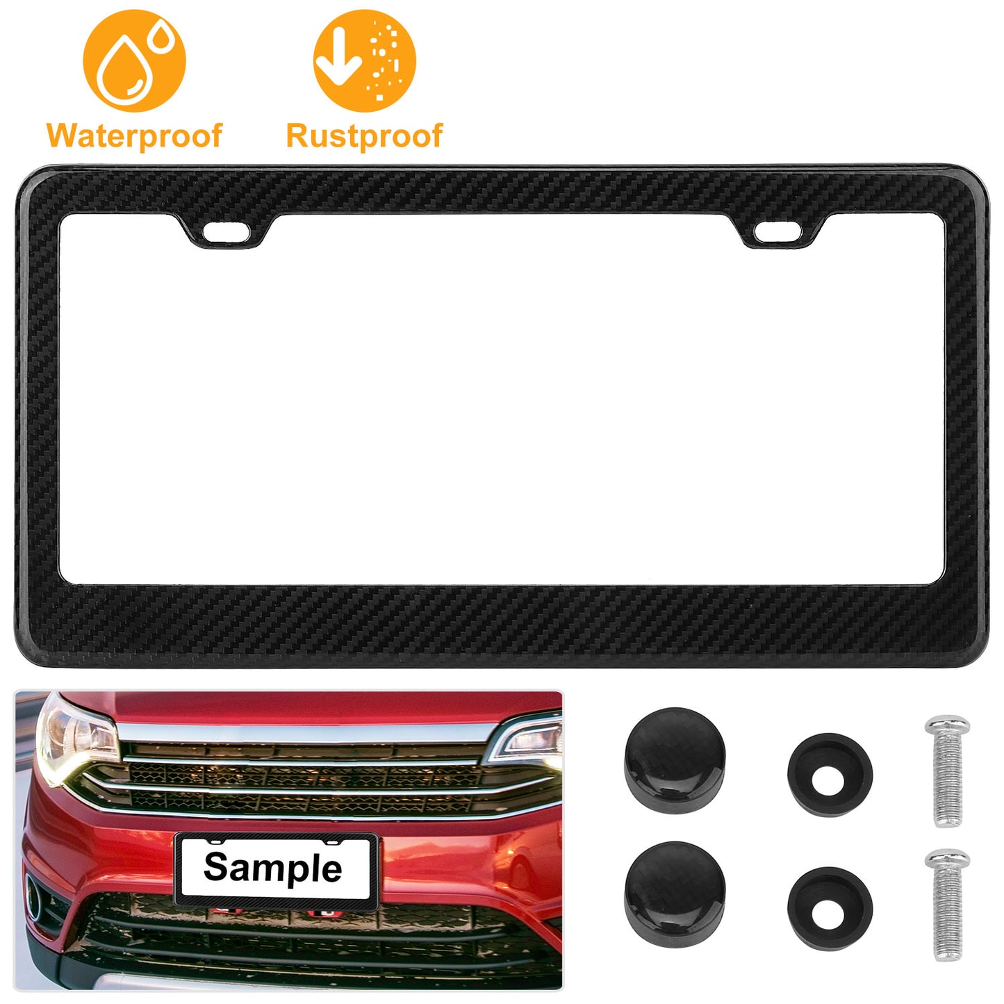 LJGelectro - License Plate Frame Rustproof Waterproof Carbon Fiber Black License Plate Frame 2 Holes w/ Bolts Washer Caps for USA/Canada Standard