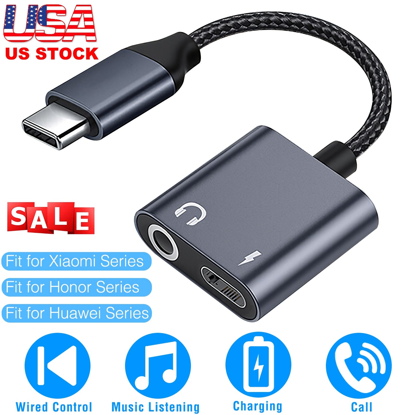 LJGelectro - Type C to 3.5mm Headphone Charger Adapter USB C to Aux Audio Jack Cable Cord Adapter Fit for Huawei/Xiaomi/Honor Series