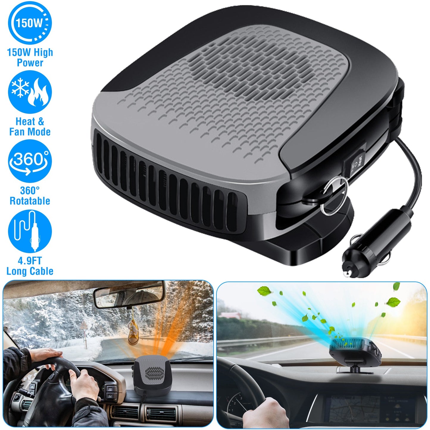 LJGelectro - 12V 150W Portable Car Auto Heater Heating Fan 2 in 1 Defroster Demister Windshield Heater Automotive Cooling Fan