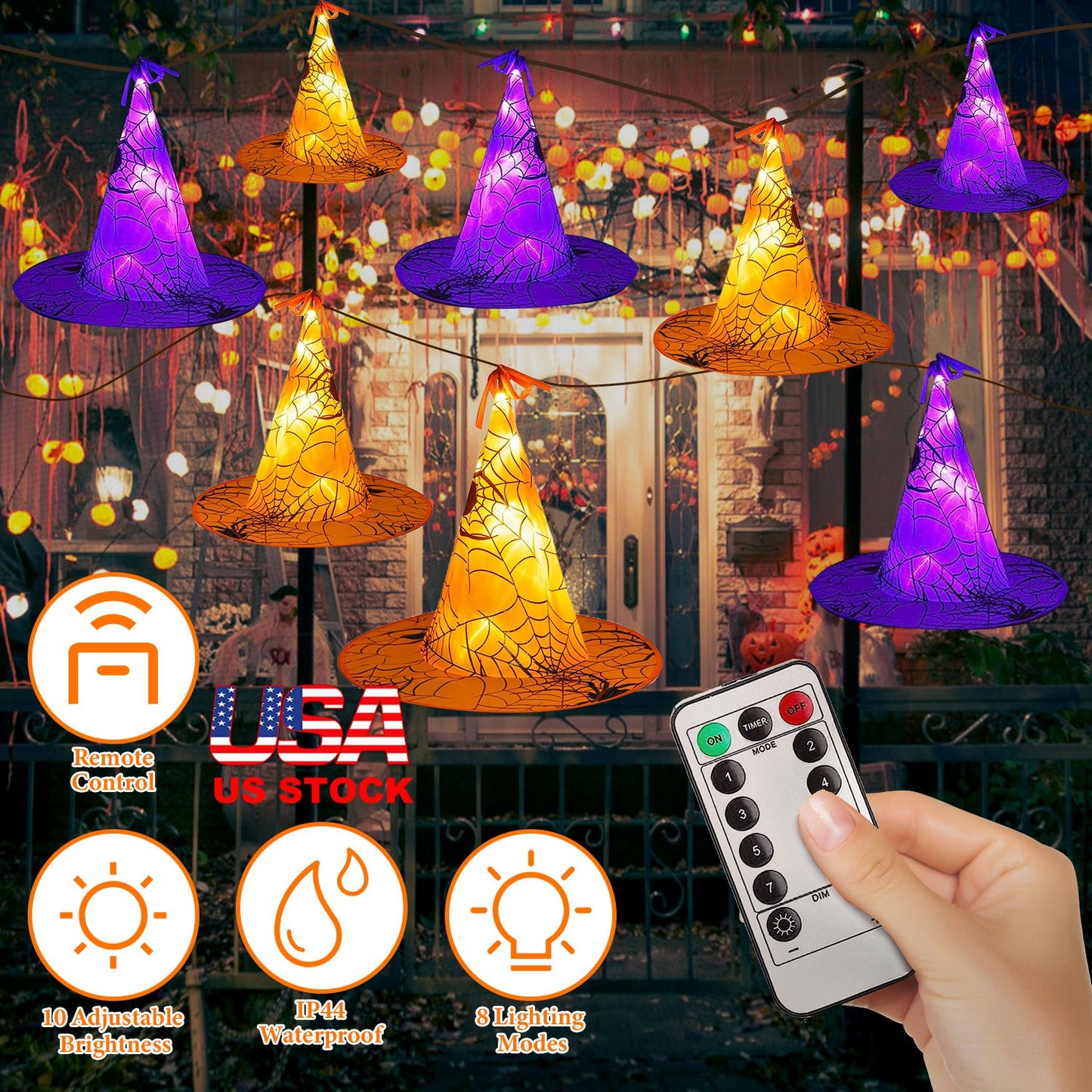 LJGelectro - 8 Pack 13FT Witch Hat Hanging String LED Light Halloween Decoration Battery Powered Remote Control 8 Lighting Modes Glowing Outdoor Indoor Halloween P