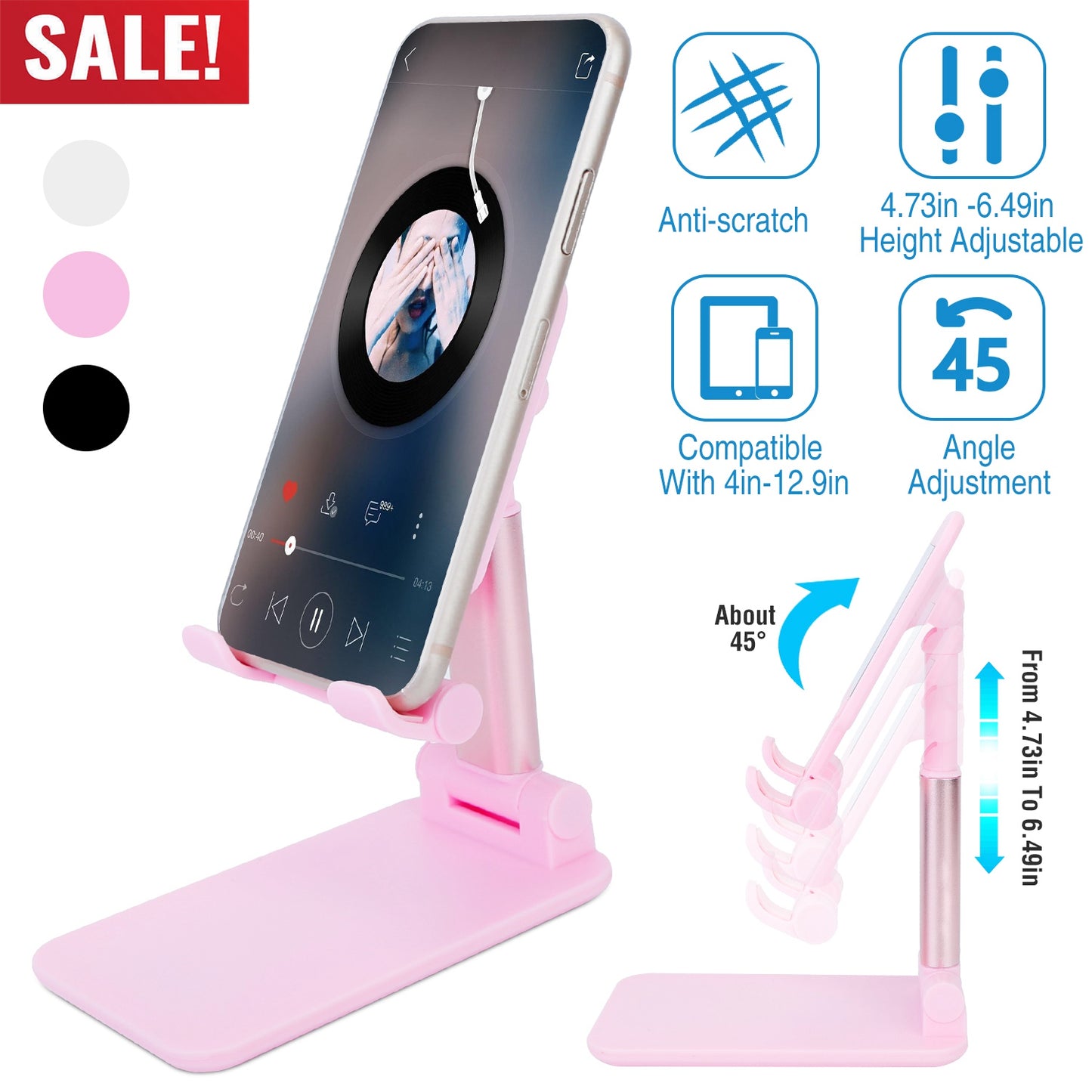 LJGelectro - Foldable Desktop Phone Stand Angle Height Adjustable Tablet Holder Cradle Dock w/ Mirror Fit For 4-12.9in Device