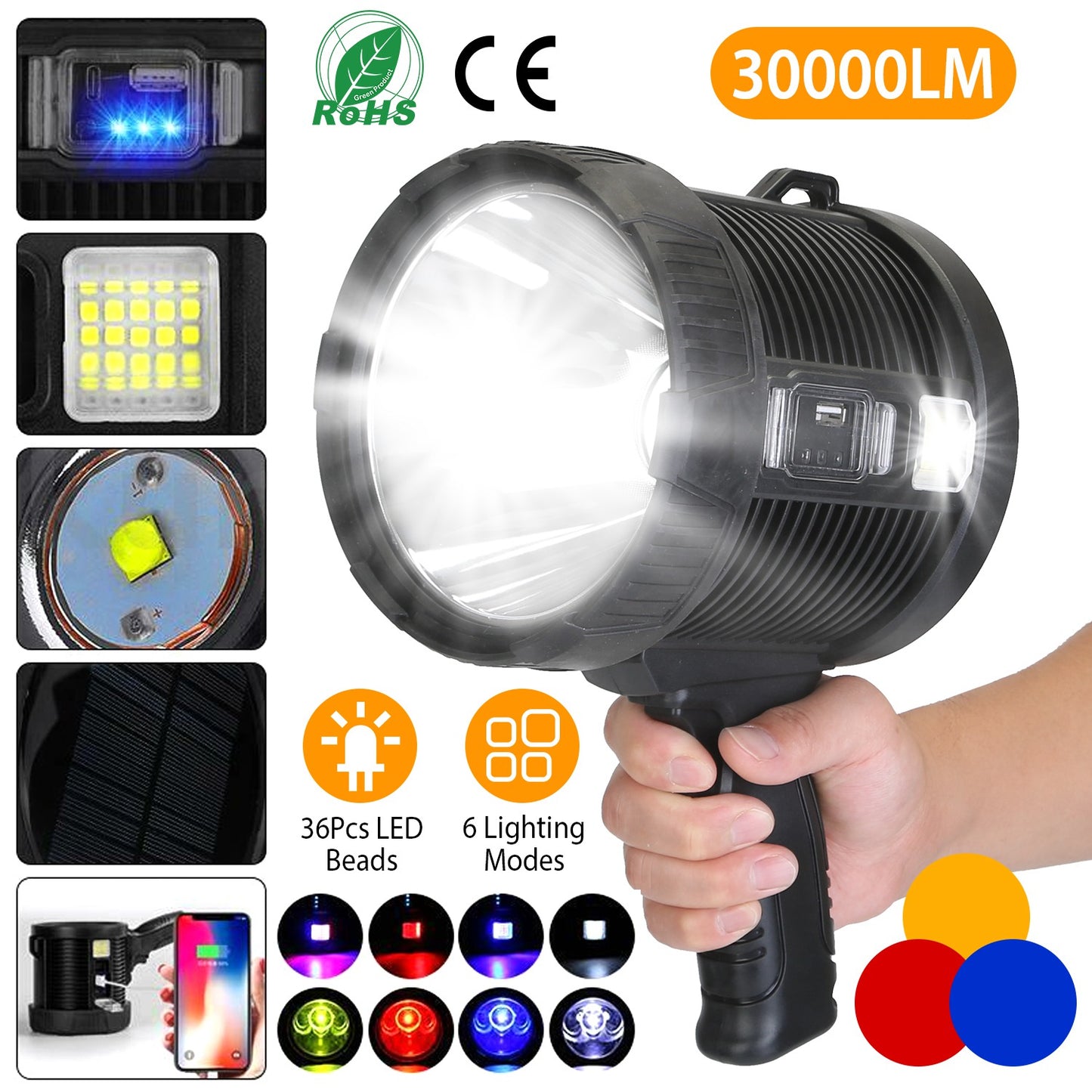 LJGelectro - 30000LM Rechargeable LED Searchlight IPX6 Waterproof Portable Handheld Spotlight Flashlight with 3 Color Filter Lens 6 Lighting Modes