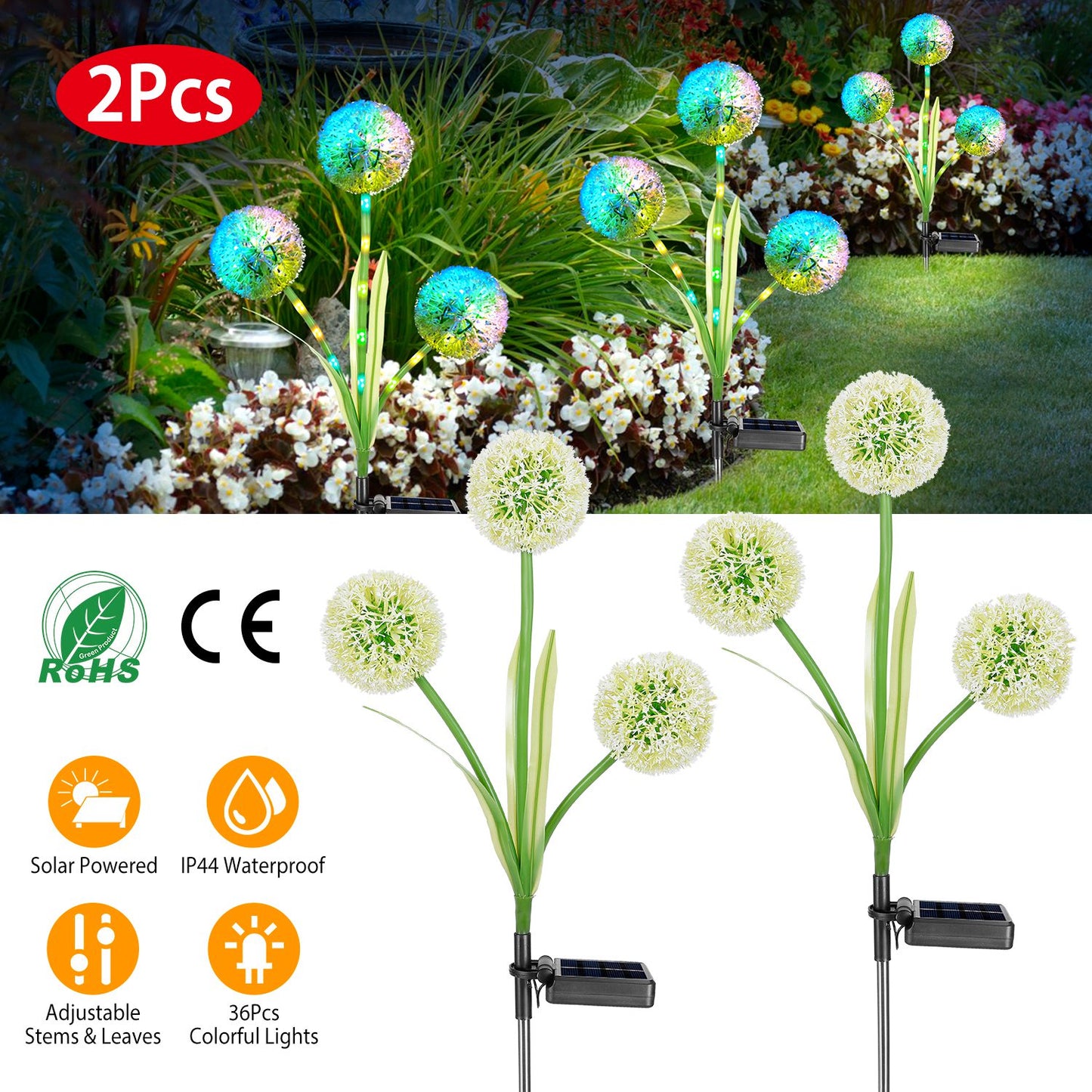 LJGelectro - 2 Pcs Dandelion Solar Light 36LED Beads Outdoor Garden Lawn Pathway Landscape Stake Lamp Colorful Ornamental Light