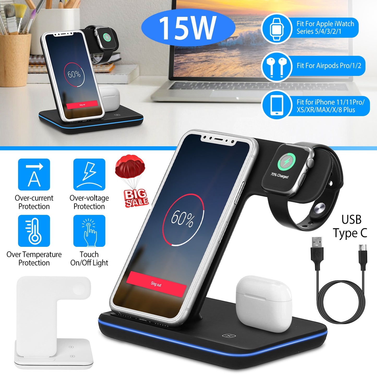 LJGelectro - Wireless Charger 3 in 1 Charger Stand 15W Fast Charging Station Dock for iWatch Series 5/4/3/2/1 AirPods iPhone 11/11 Pro/Xs/X Max/XR/X/8/8Plus Samsun