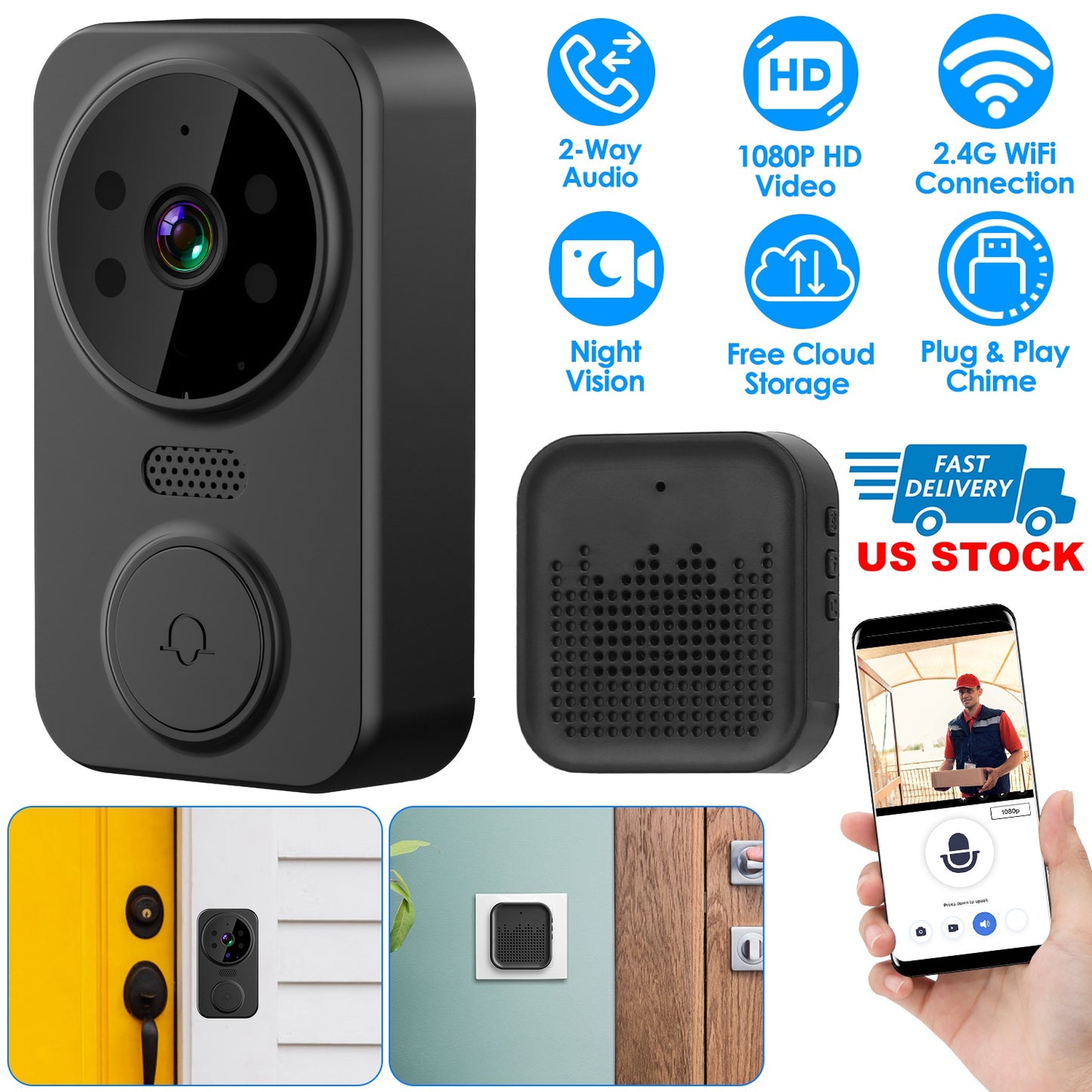 LJGelectro - WiFi Security Doorbell Camera with Volume Adjustable Wireless Chime 1080P Camera Night Vision 2-Way Audio Free Cloud Storage