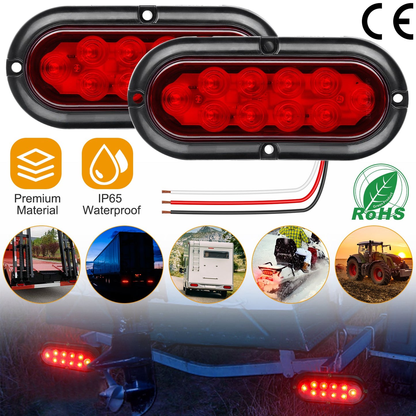 LJGelectro - 2Pcs Oval LED Brake Light 10LEDs Lamp Stop Turn Tail Light IP65 Waterproof Oval Red Trailer Tail Light for Trunk Jeep RV etc.