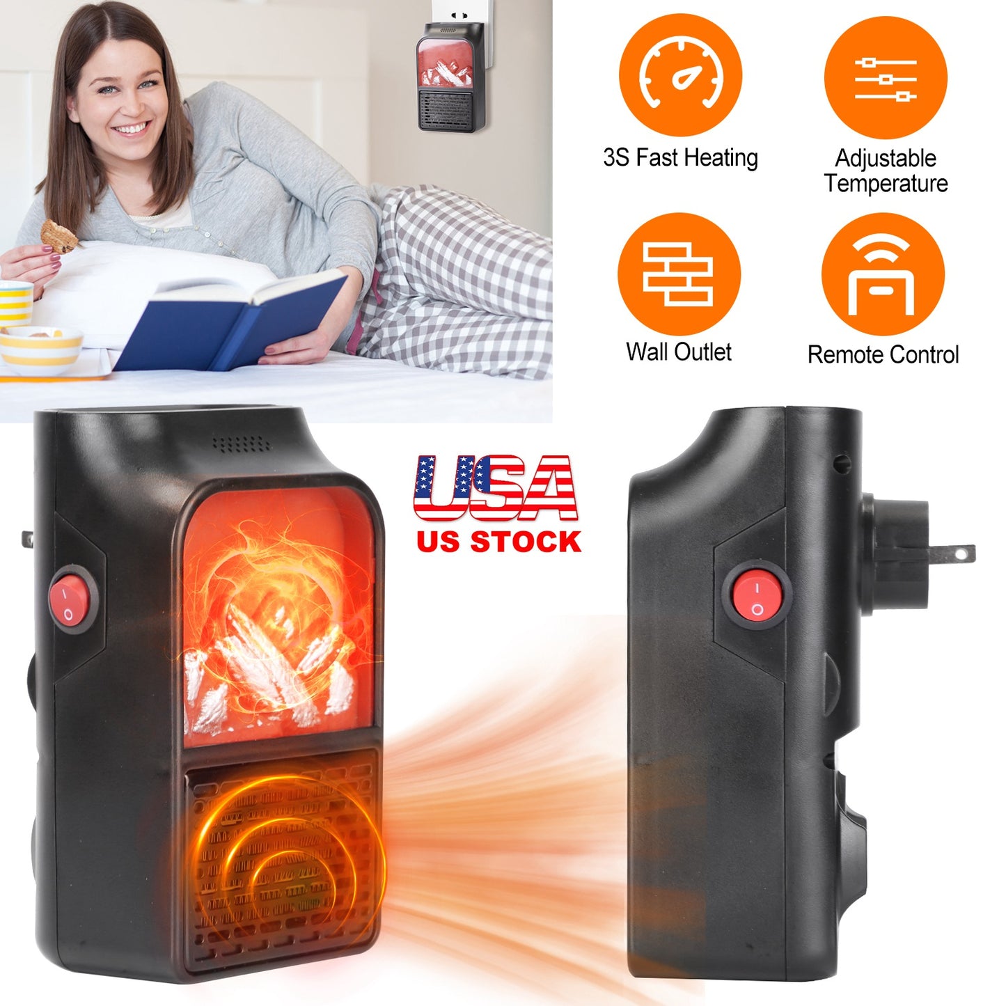 LJGelectro - 800W Plug-In Space Heater Wall Outlet Heater with 360° Rotatable Plug Adjustable Temperature 2 Wind Speeds Remote Control