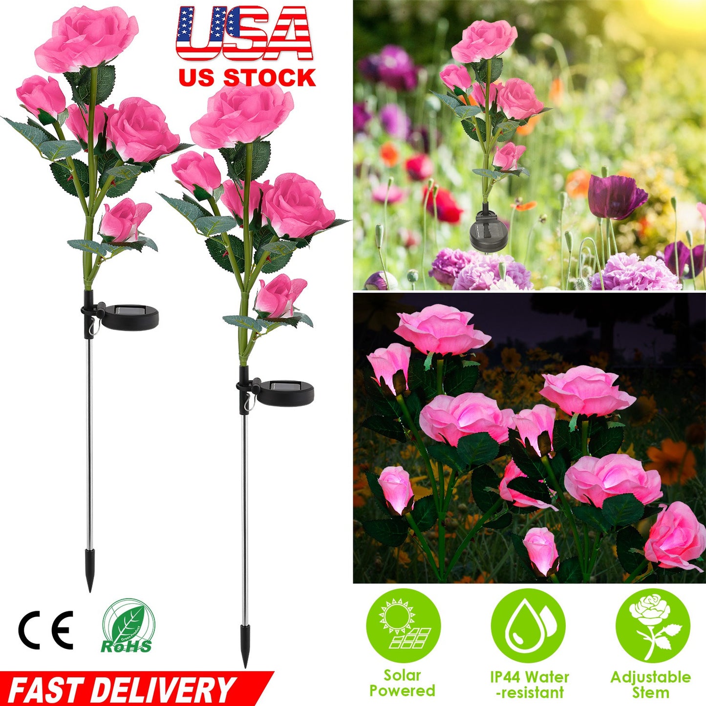 LJGelectro - 2Pcs Solar Powered Lights Outdoor Rose Flower LED Decorative Lamp Water Resistant Pathway Stake Lights For Garden Patio Yard Walkway