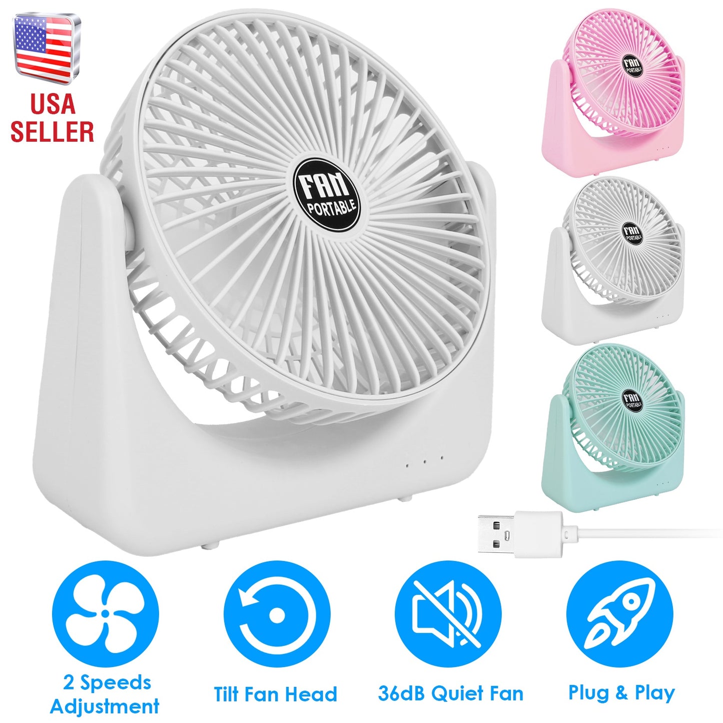 LJGelectro - 6.5in Desk Fan USB Powered 2 Speeds Table Cooling Fan Tilt Quiet Desktop Fan for Bedroom Office