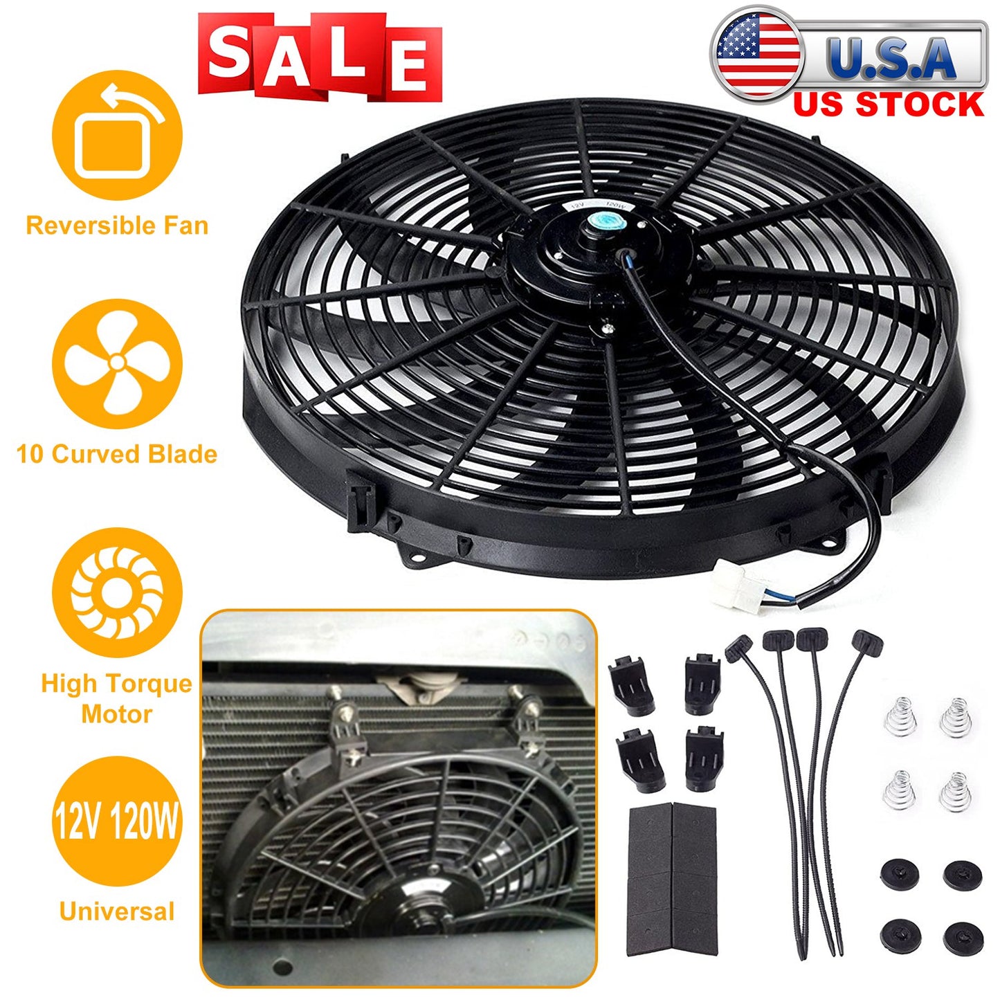 LJGelectro - 16 Inch Electric Radiator Cooling Fan 12V 120W 10 Blades Car w/ Mounting Kit